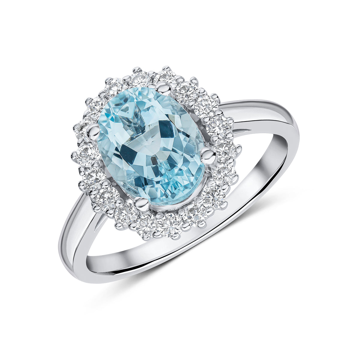 18ct White Gold 9x7 Oval Aquamarine and Diamond Claw Cluster Ring
