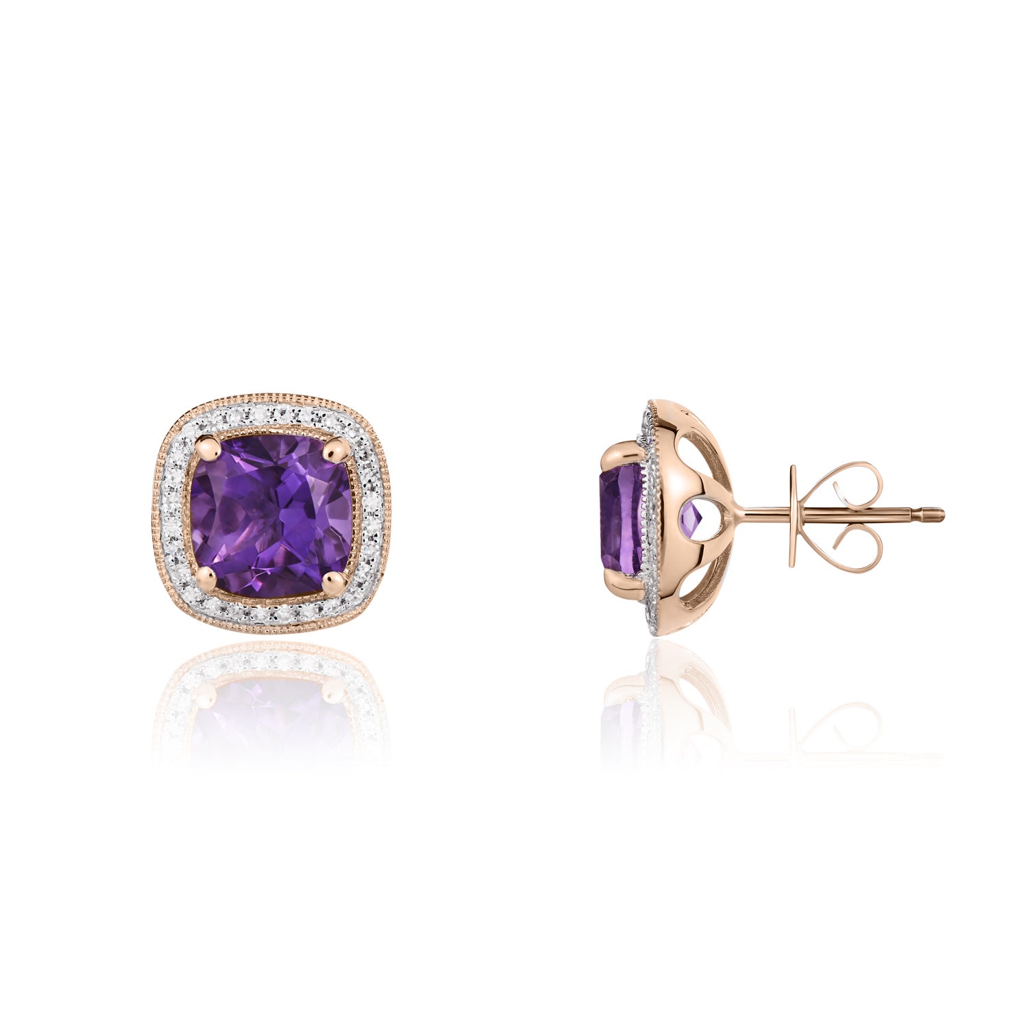 9ct Rose Gold 7mm Cushion Amethyst and Diamond Cluster Earrings with Milgrain Edge Rhodium to Diamonds