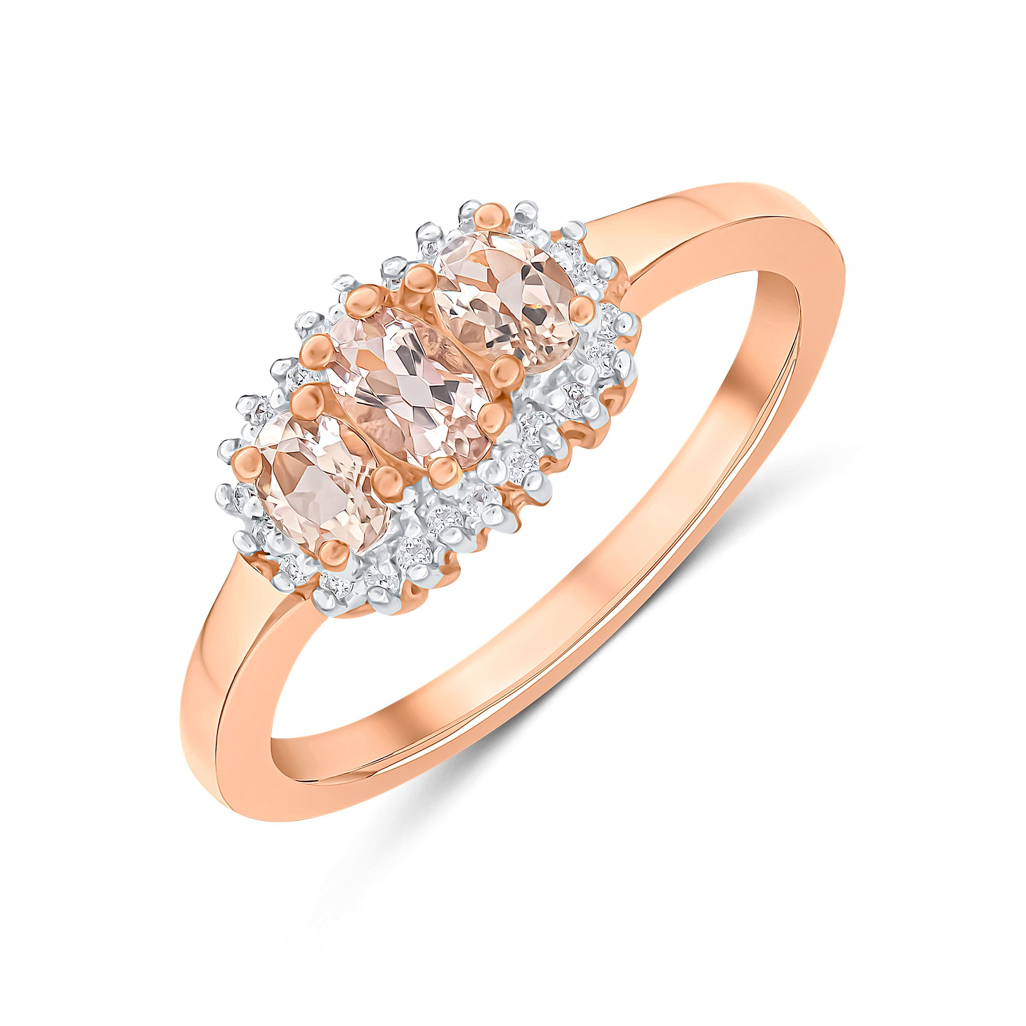 9ct Rose Gold Oval Morganite and Diamond Triple Cluster Ring Rhodium to Diamonds