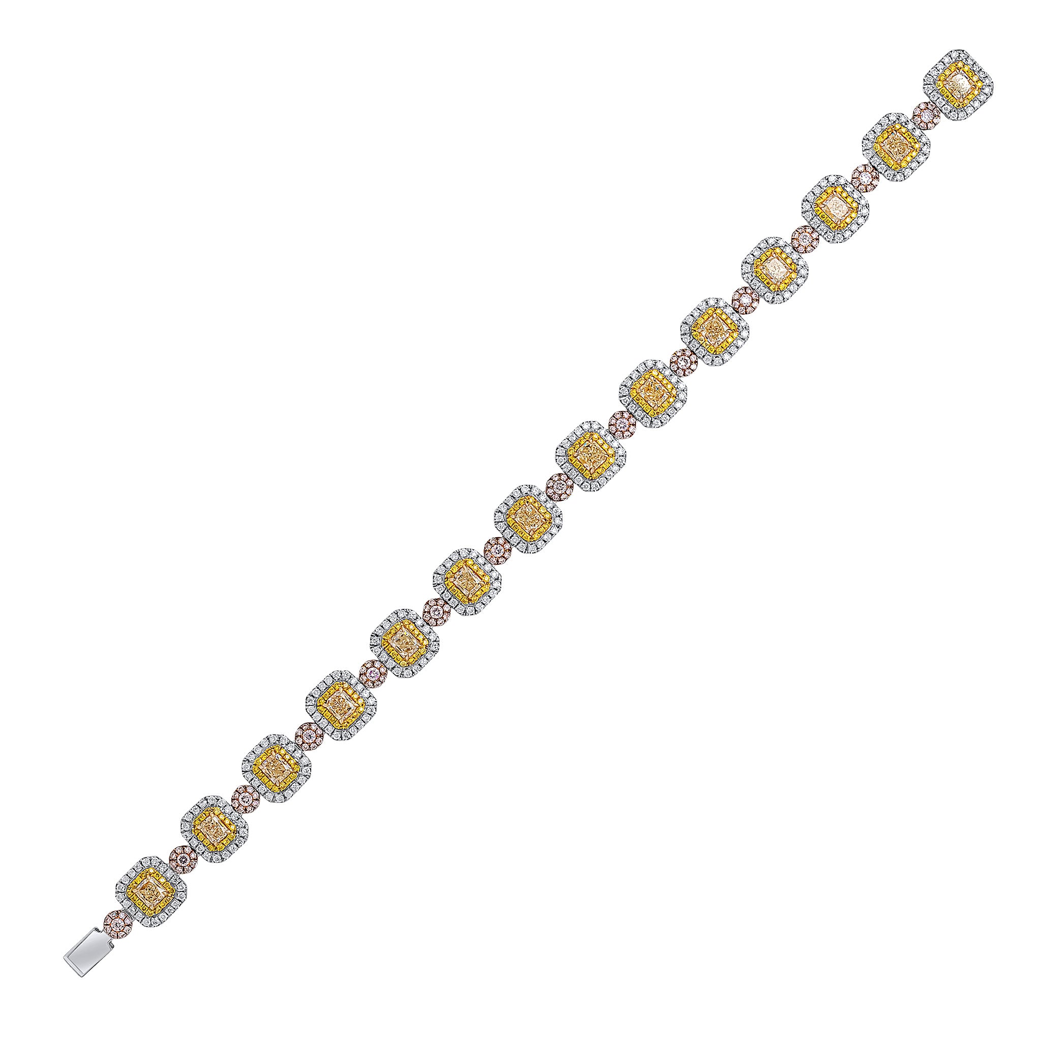 18ct White Gold Radiant Cut Round Yellow Diamond and Diamond Clusters with Round Pink Diamond Clusters Claw Set Bracelet