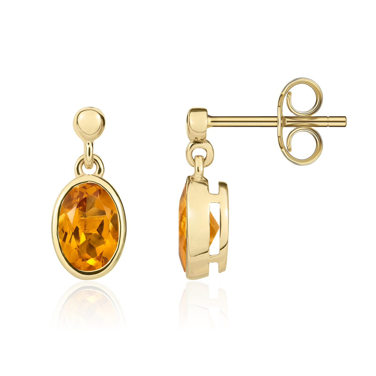 9ct Yellow Gold 7x5mm Oval Citrine Rubover Drop Earrings with Bead Top