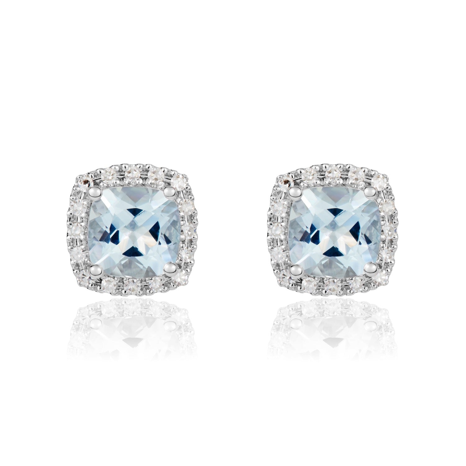 9ct Yellow Gold 6mm Cushion Aquamarine & Diamond Claw Set Cluster Earrings Rhodium to Diamonds