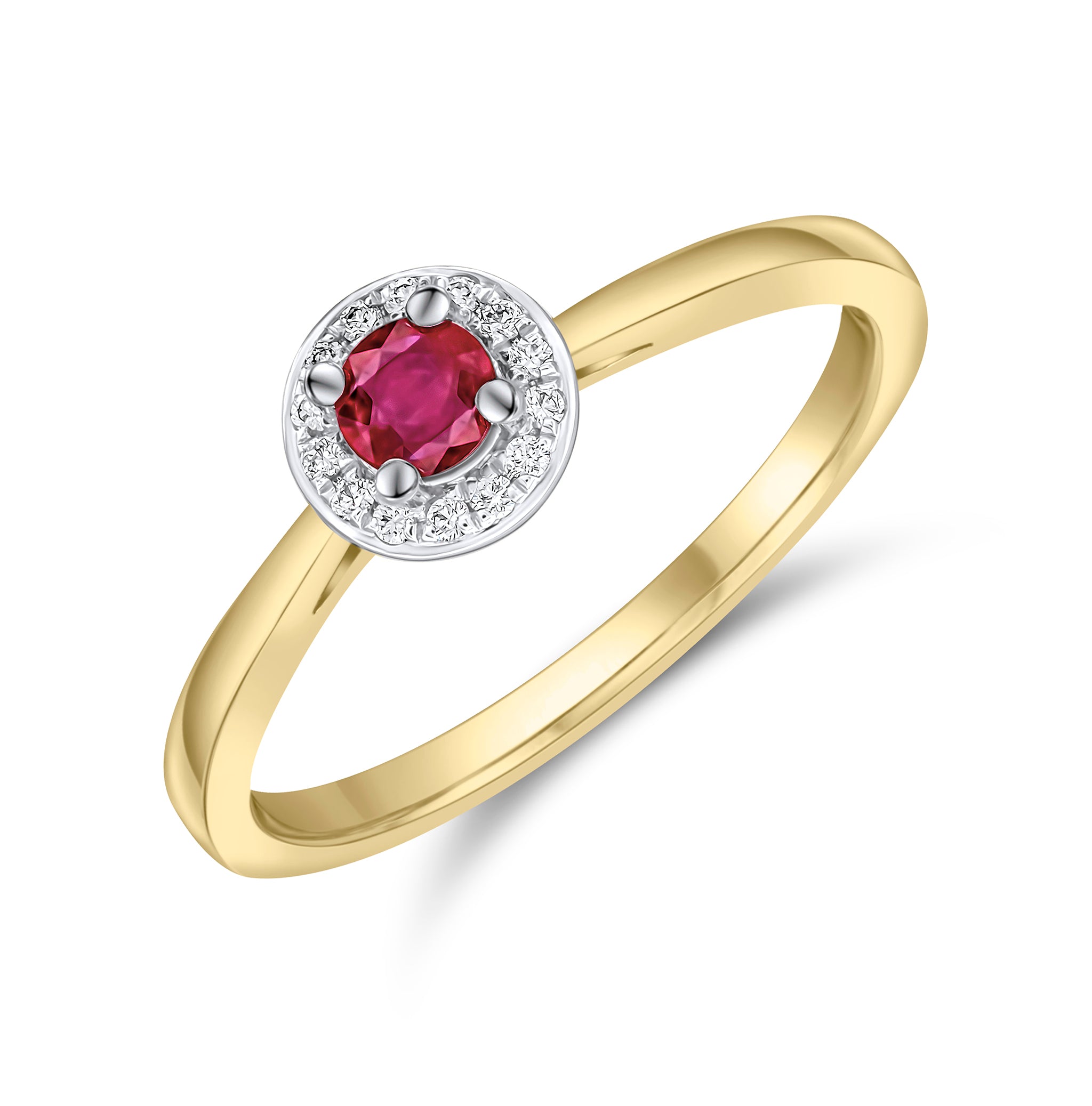 18ct Yellow and White Gold Round Ruby and Diamond Claw Set Cluster Ring