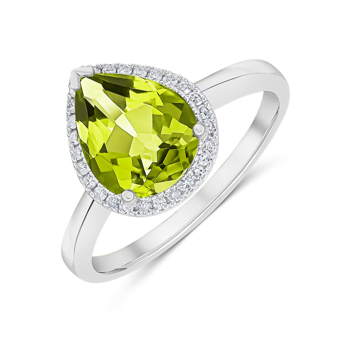 9ct White Gold 10x8 Pear Peridot & Diamond Cluster Ring