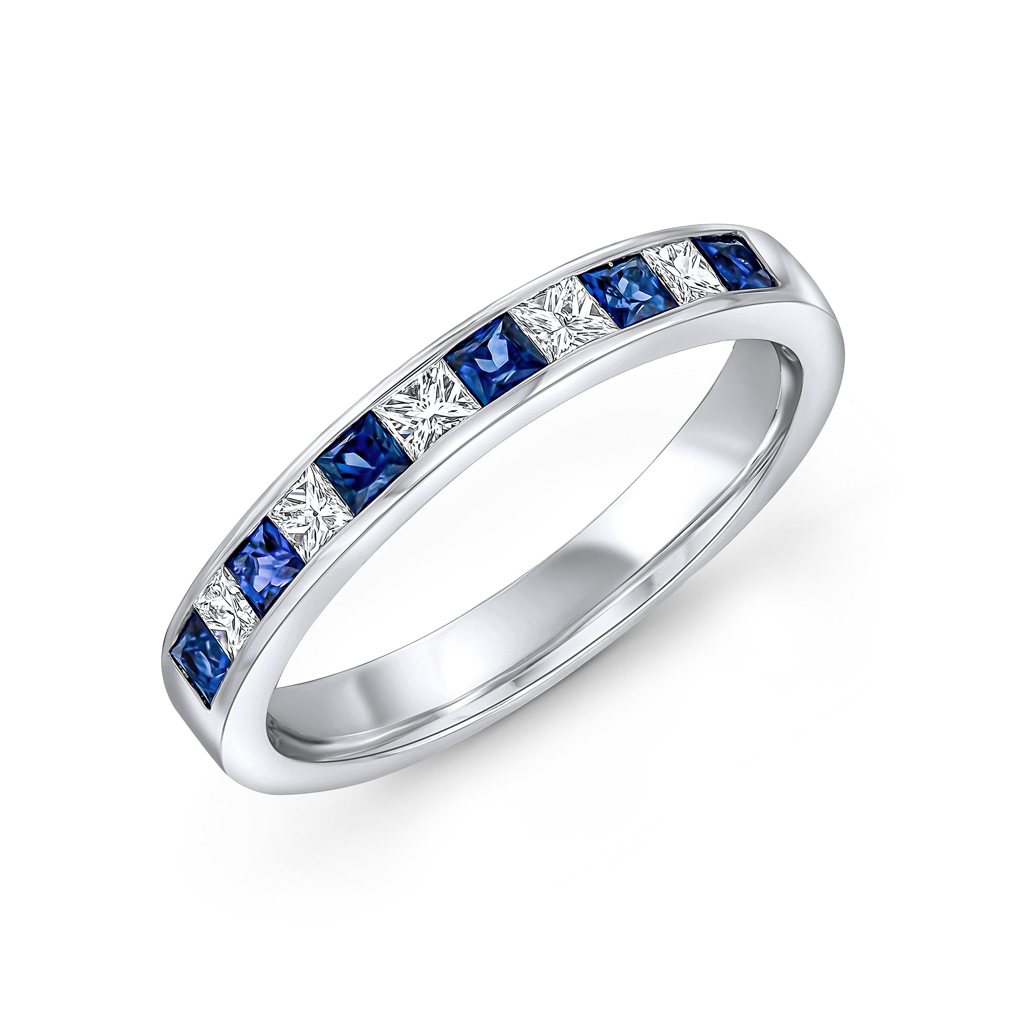 18ct White Gold Princess Cut Sapphire and Princess Cut Diamond Channel Set 11 Stone Eternity Ring