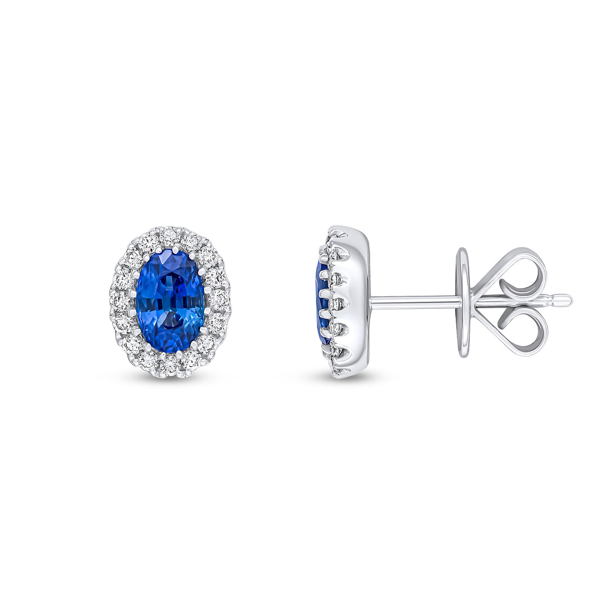 18ct White Gold 6x4 Oval Sapphire and Round Diamond Claw Cluster Earrings