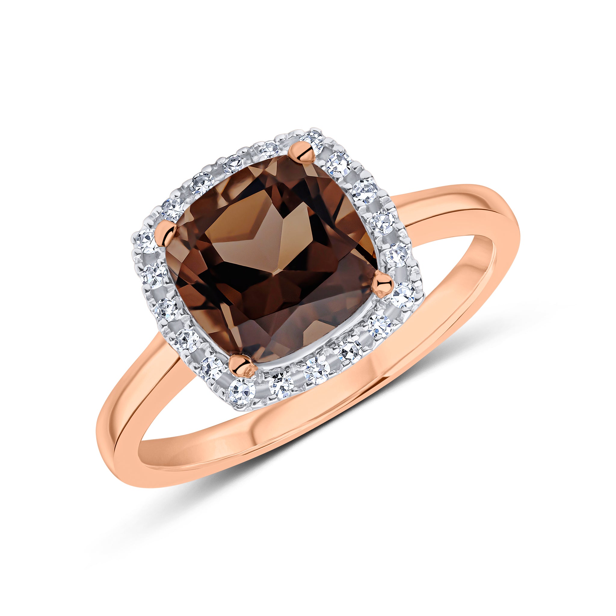 9CT ROSE GOLD CUSHION SMOKY QUARTZ AND DIAMOND CLAW CLUSTER RING 1