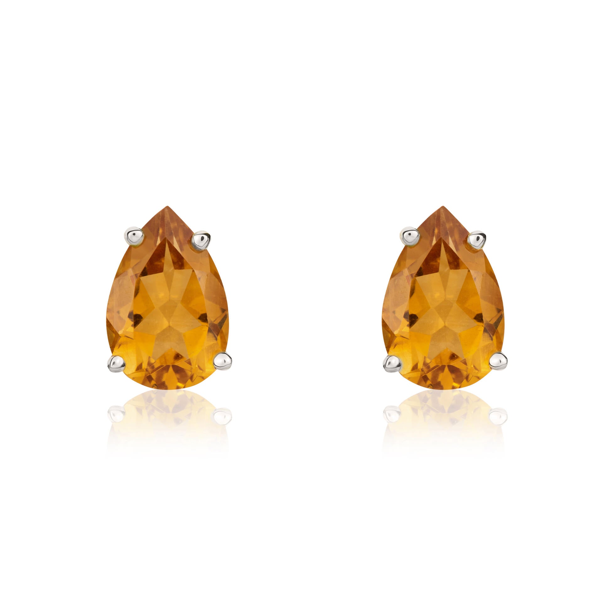 9ct White Gold 9x6 Pear Shape Citrine 4 Claw Earrings