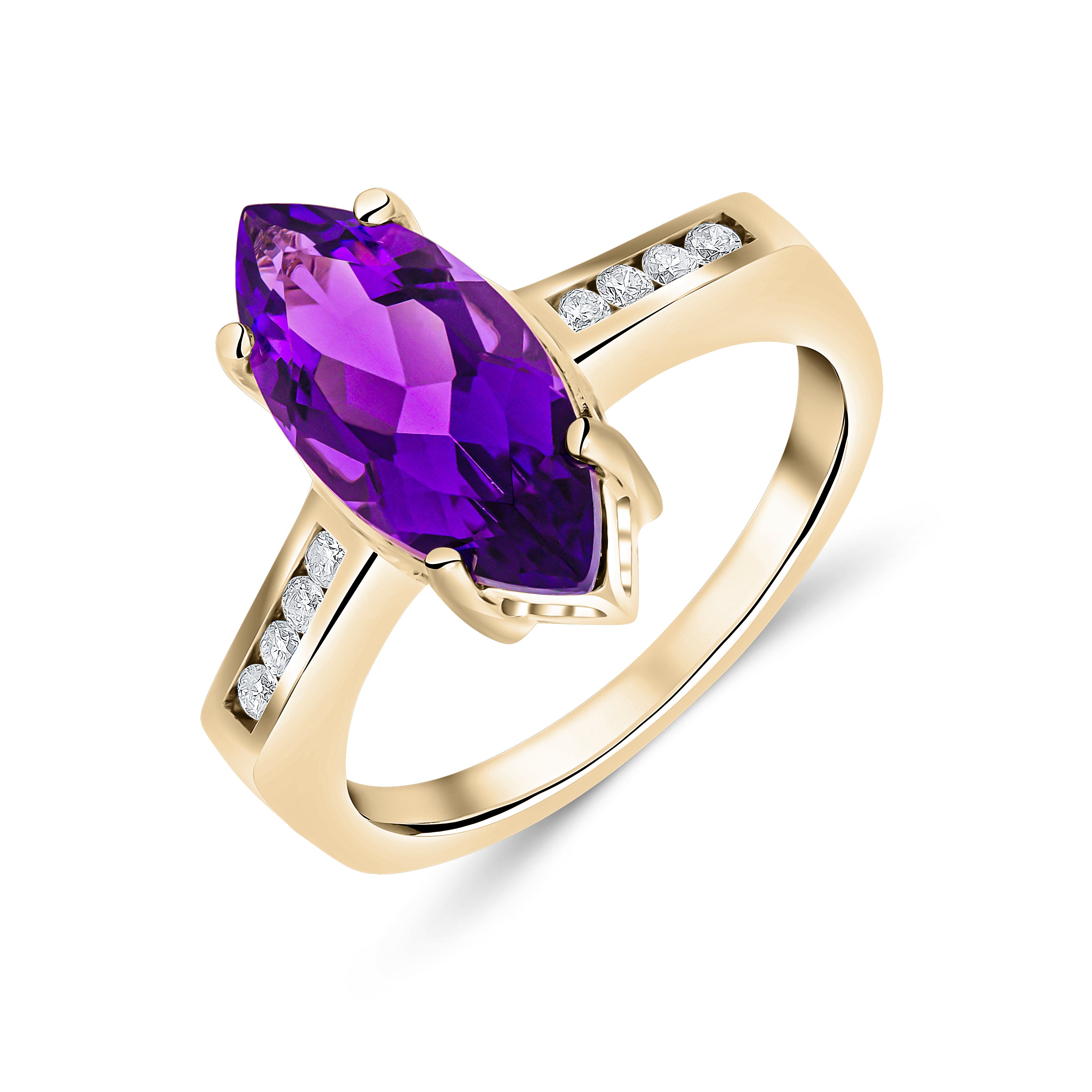 9CT YG 15X7 MARQUISE AMETHYST SINGLE STONE RING WITH CHANNEL SET DIAMOND SHOULDERS 1