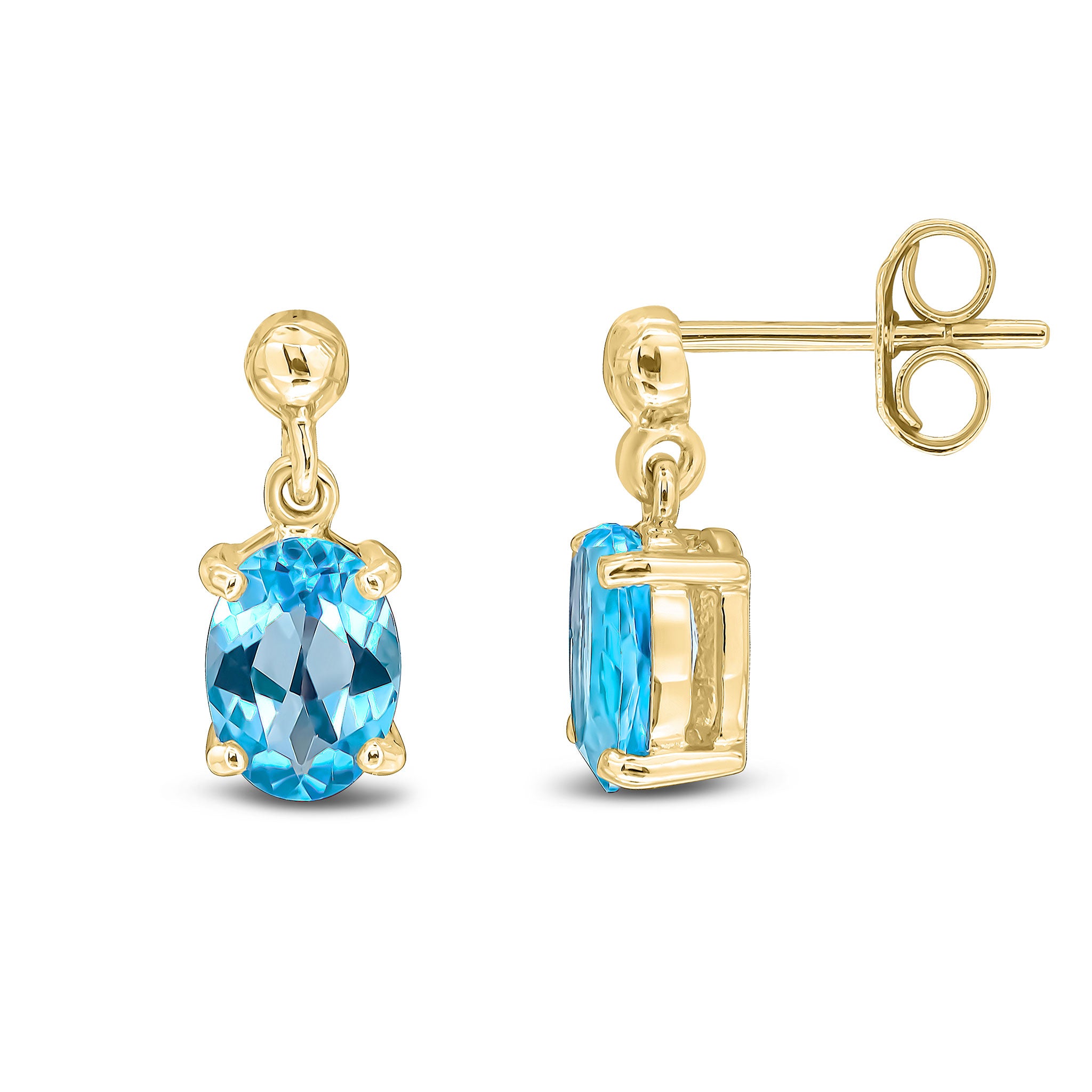 9ct Yellow Gold Oval 7x5mm Swiss Blue Topaz Claw Drop Earrings with Bead Top