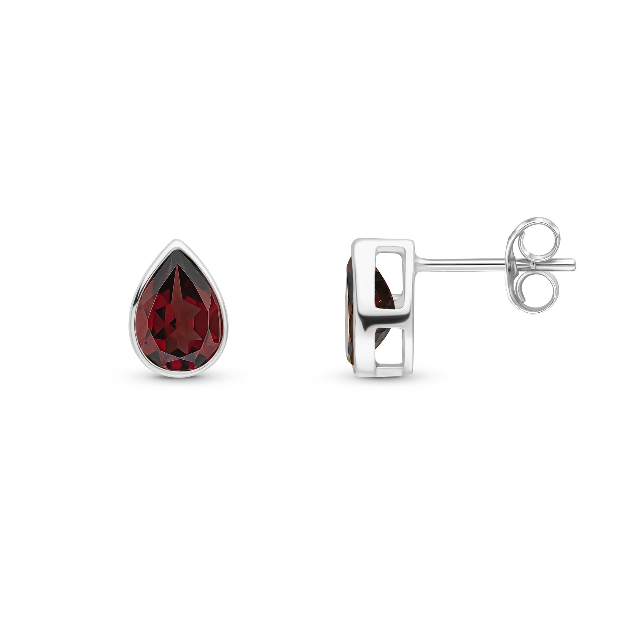 9ct White Gold 7x5 Pear Shape Garnet Rubover Set Earrings