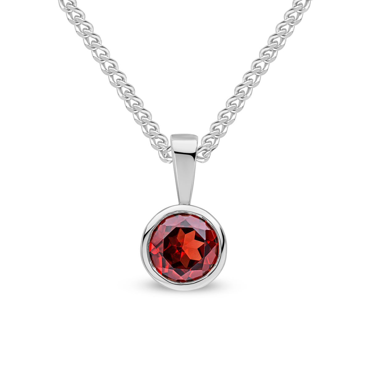 9ct White Gold 6mm Round Garnet Rubover Pendant