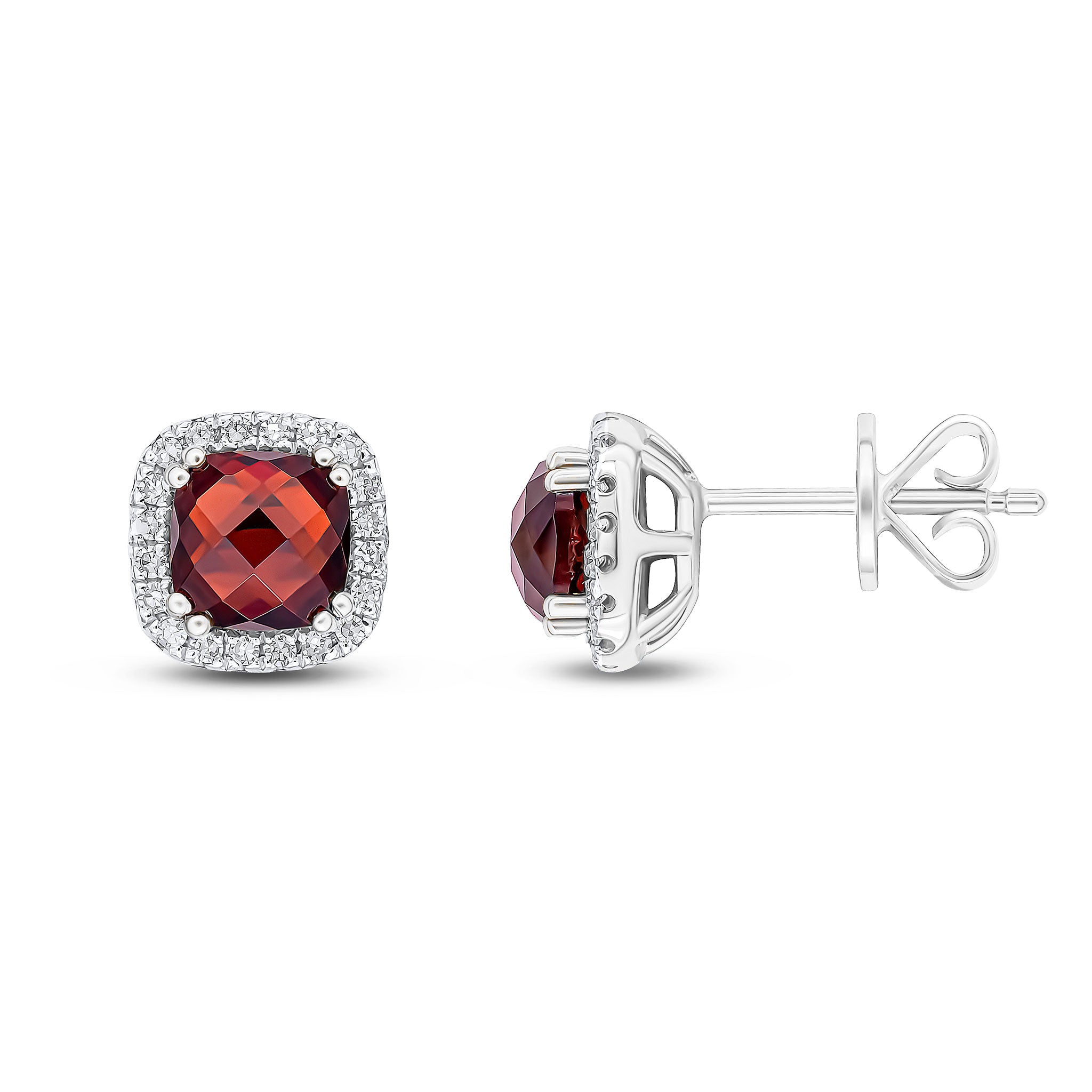 9ct White Gold 5mm Checkerboard Cut Cushion Garnet & Diamond Cluster Earrings