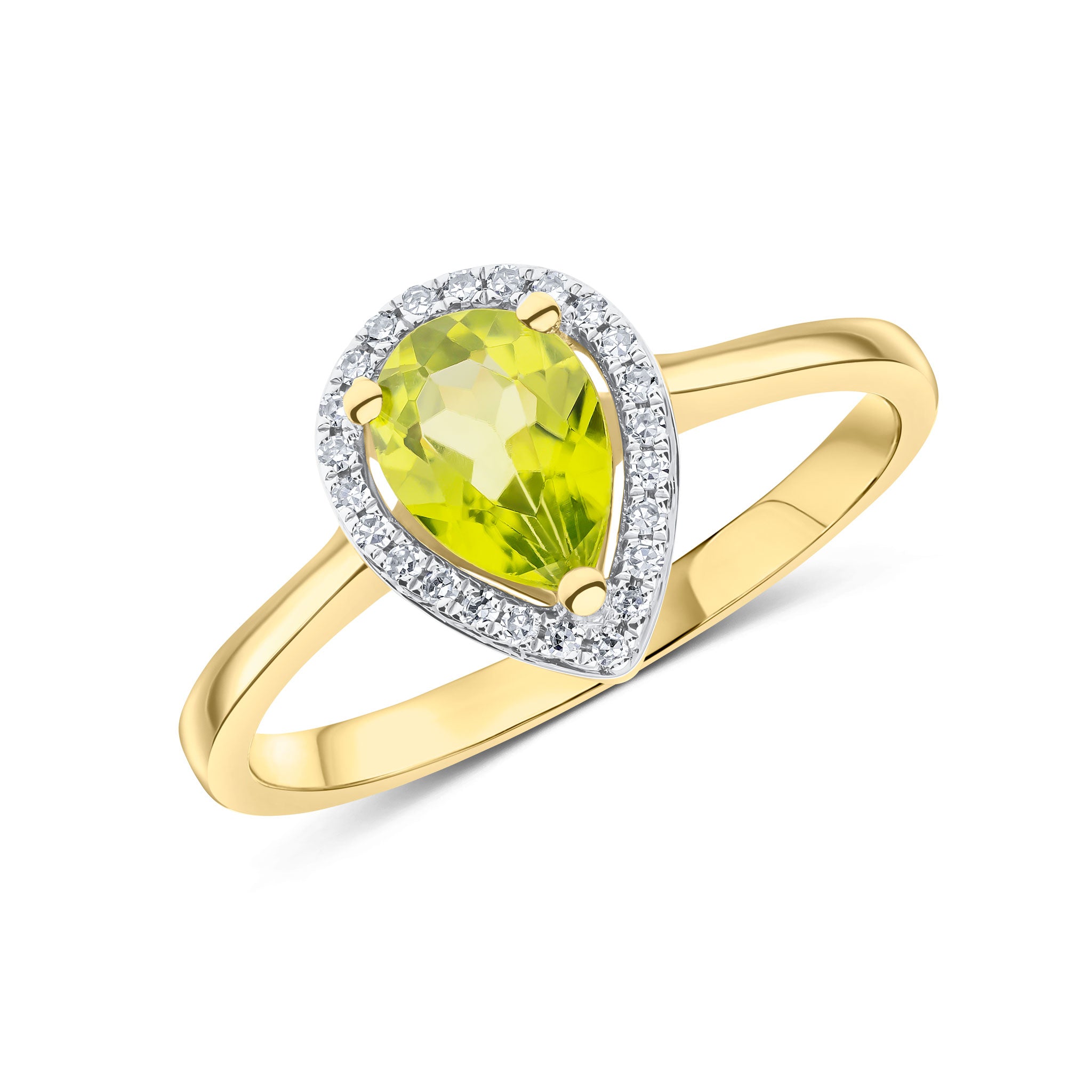 9ct Yellow Gold 7x5 Pear Shape Peridot & Round Diamond Claw Set Halo Cluster Ring Rhodium to Diamonds