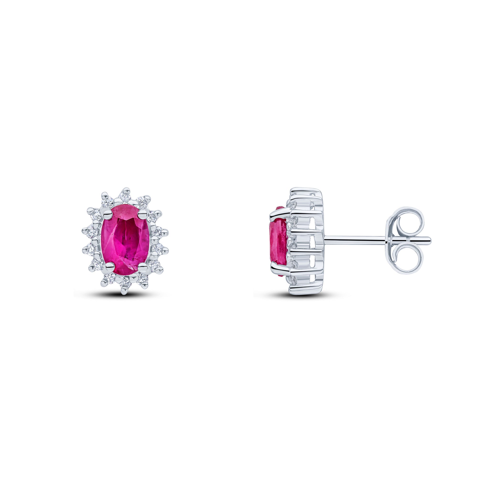 9ct White Gold 6x4 Oval Ruby & Diamond Claw Set Cluster Earrrings