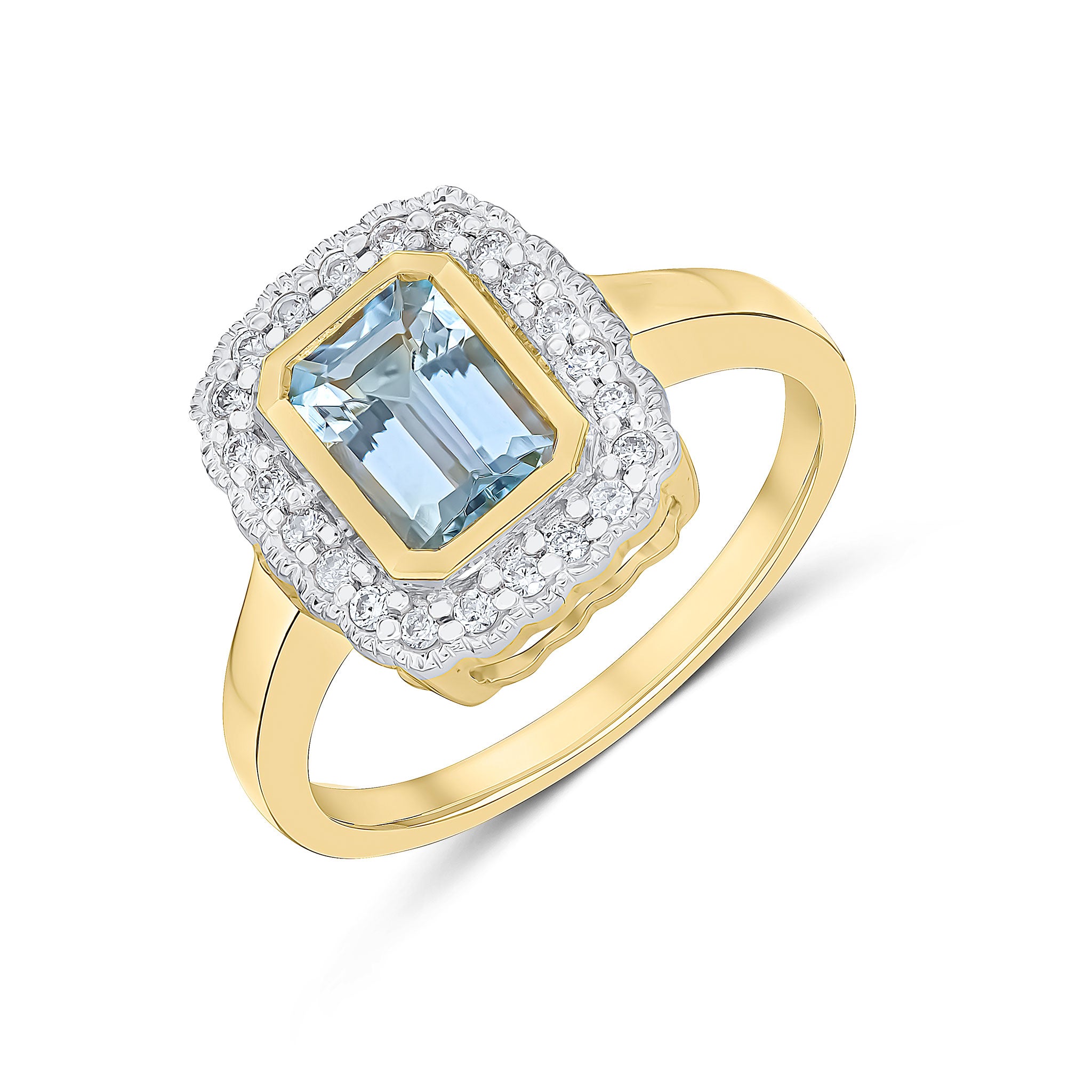 9CT YG RUBOVER 7X5 OCTAGON AQUA AND DIAMOND CLUSTER RING WITH MILLEGRAIN EDGE. RHODIUM TO DIAMONDS 1