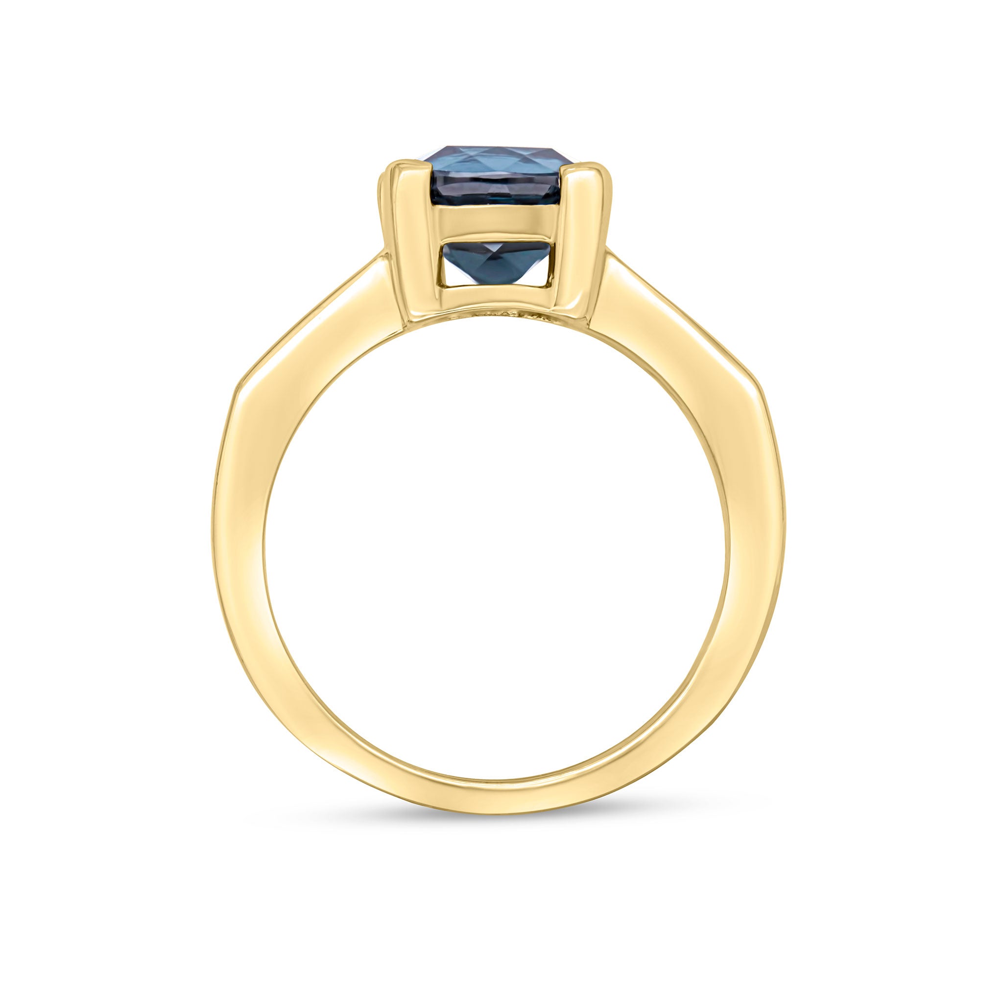 9CT YG CLAW SET CUSHION LONDON BLUE TOPAZ SINGLE STONE RING WITH CHANNEL SET DIAMOND SHOULDERS 1