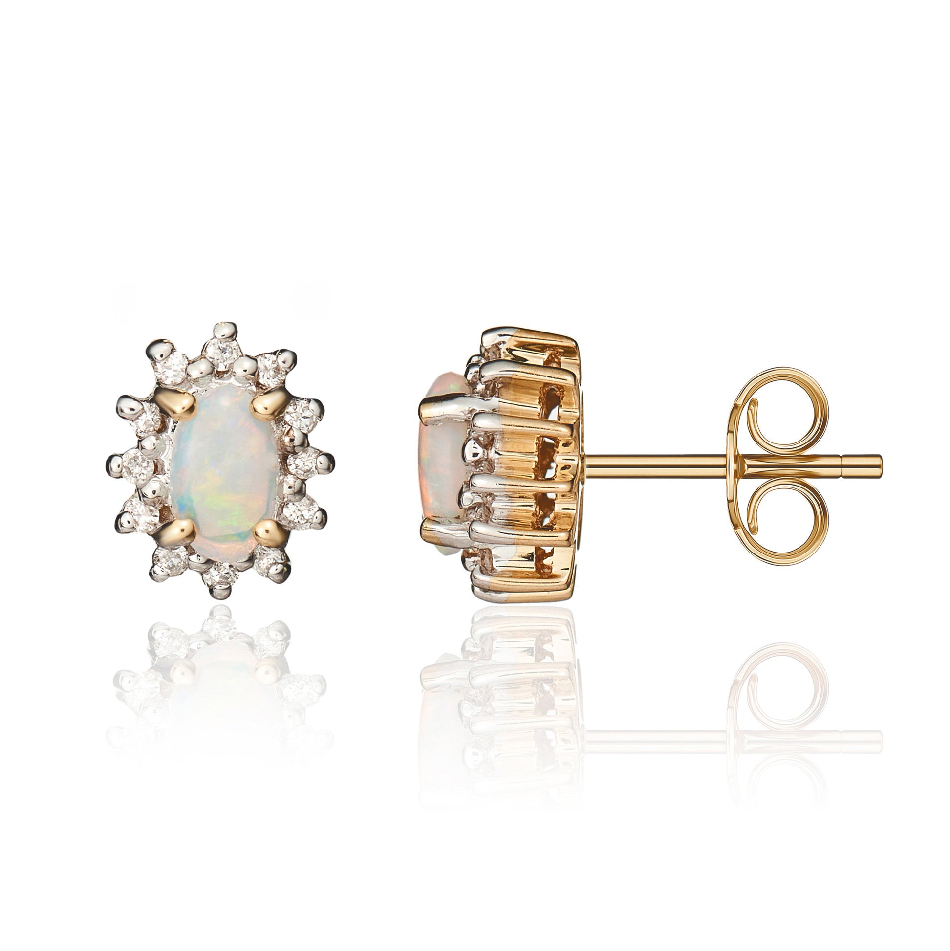 9ct Yellow Gold 5x3 Oval Opal & Diamond Claw Set Cluster Earrings Rhodium to Diamonds