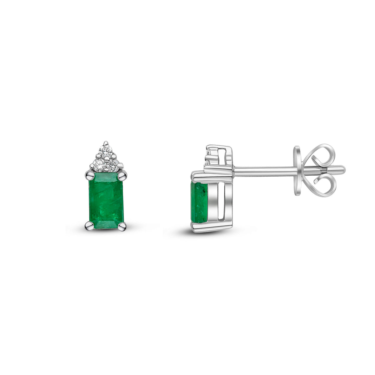 18ct White Gold Octagon Emerald & Diamond Trefoil Top Claw Set Earrings