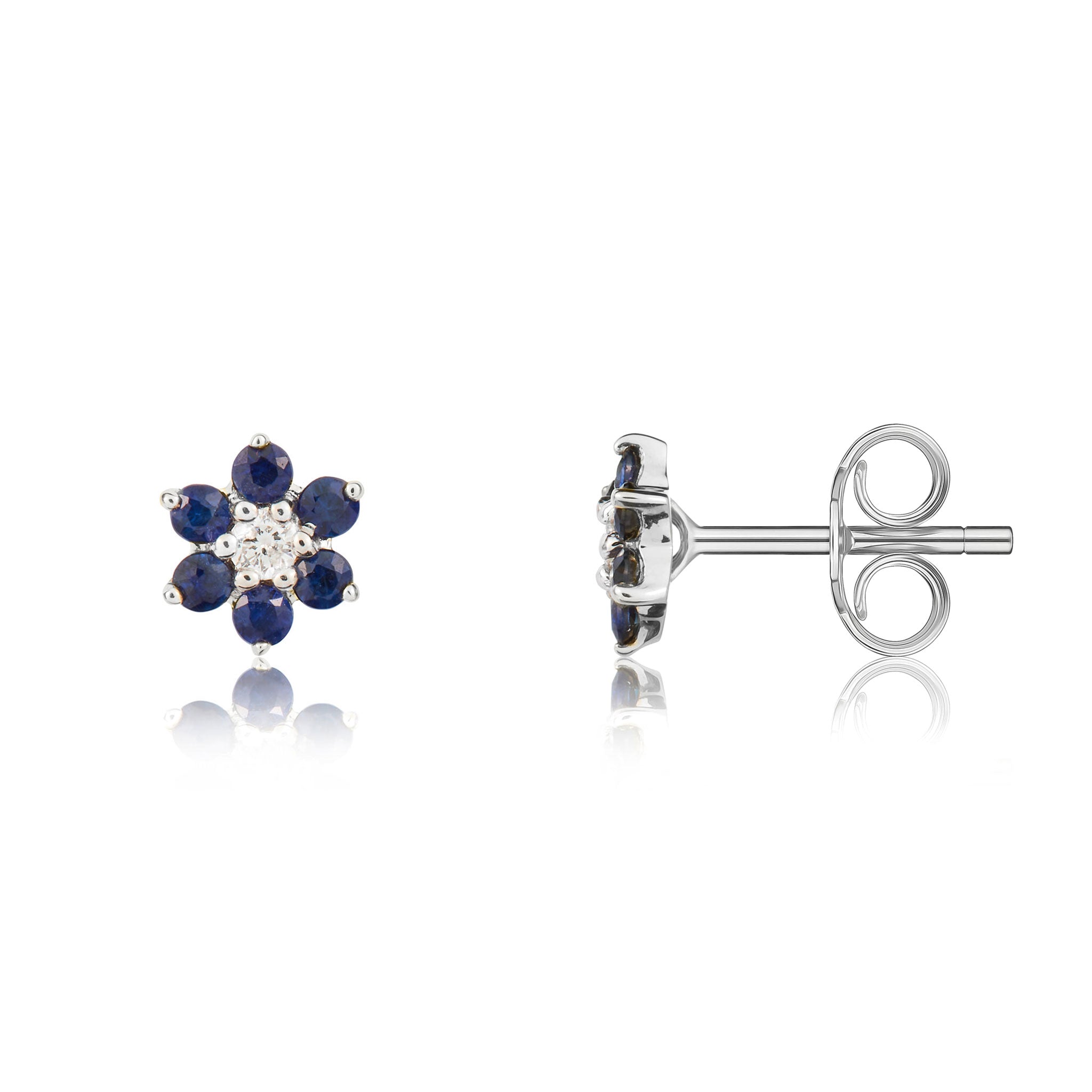 9ct White Gold Round Sapphire and Diamond Claw Set Reverse Cluster Earrings