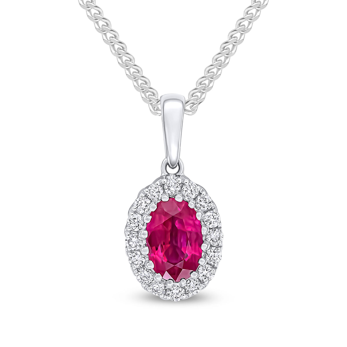 18ct White Gold 6x4 Oval Ruby and Round Diamond Claw Set Cluster Pendant with Plain Loop Top