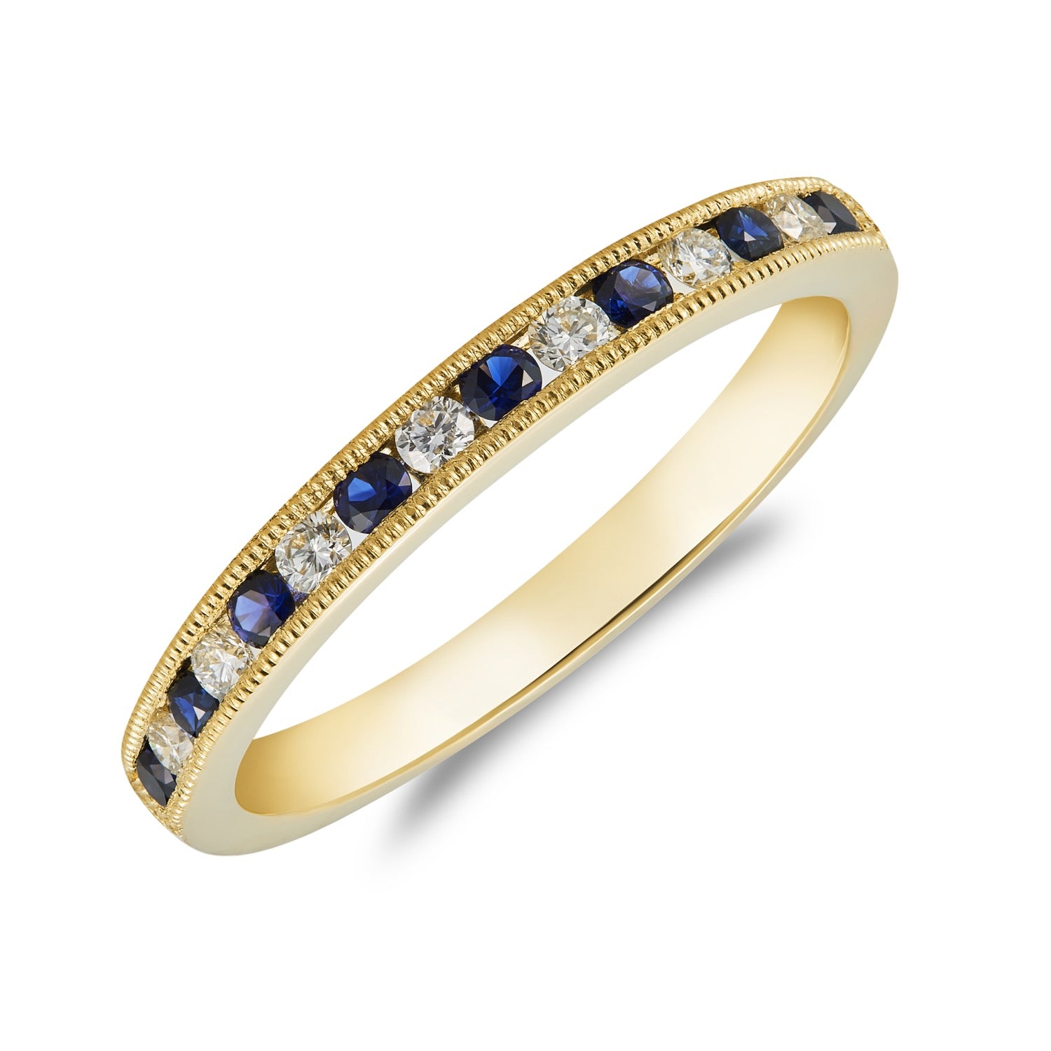 18ct Yellow Gold Round Sapphire & Diamond Milgrain 15 Stone 1 2 Eternity Ring