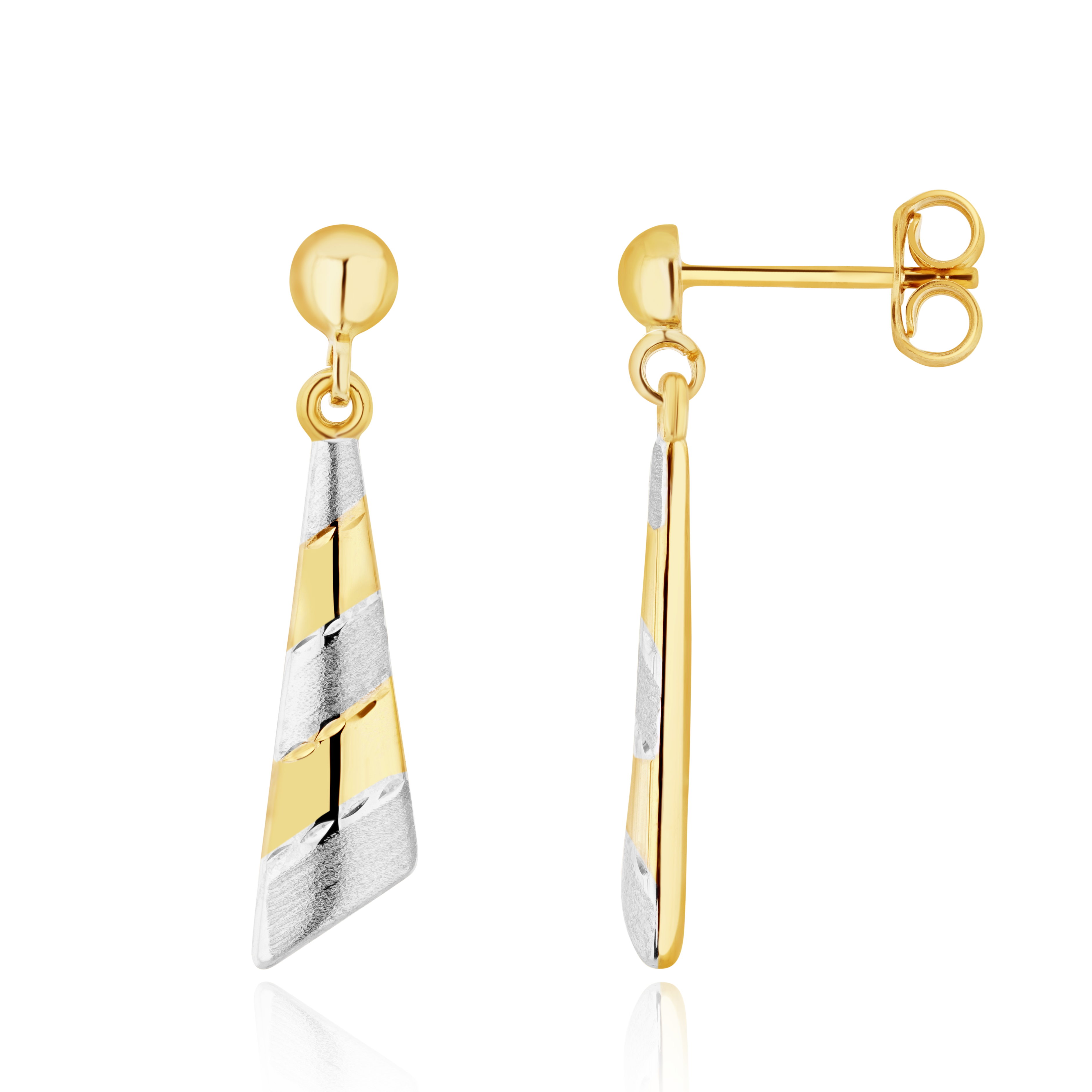 9ct yellow and white gold Polished And Satin Striped Triangular Drop Earrings