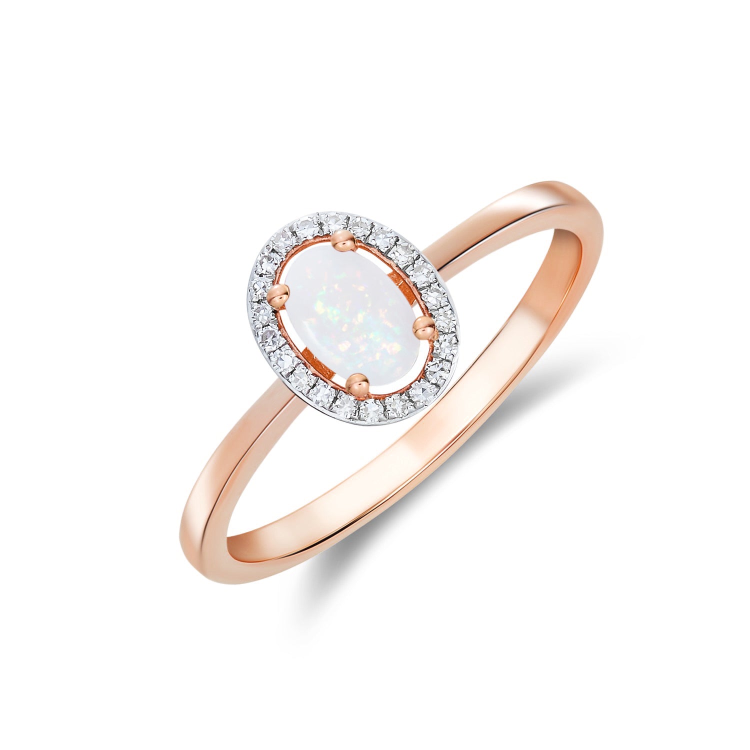 9ct Rose Gold 6x4 Oval Opal and Round Diamond Halo Cluster Ring