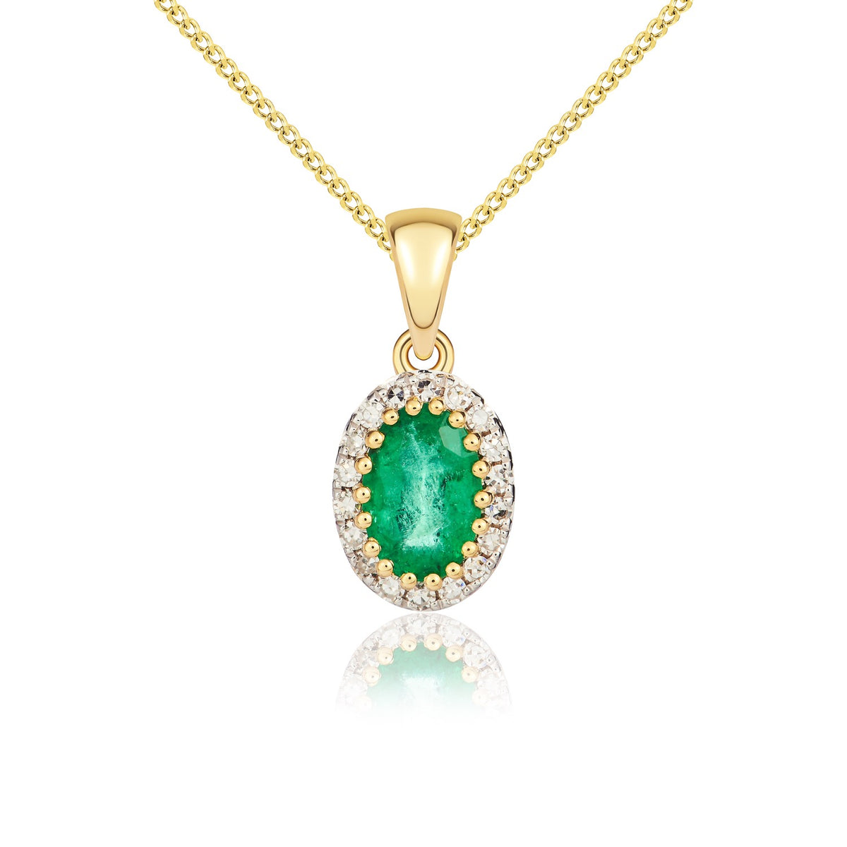 9ct Yellow Gold Oval Emerald & Diamond Cluster Pendant