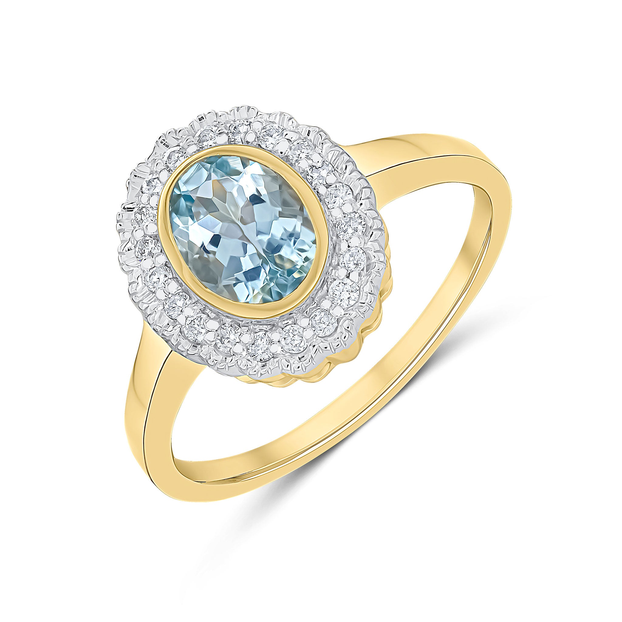 9ct Yellow Gold Rubover Oval Aquamarine and Milgrain Round Diamond Cluster Ring Rhodium to Diamonds