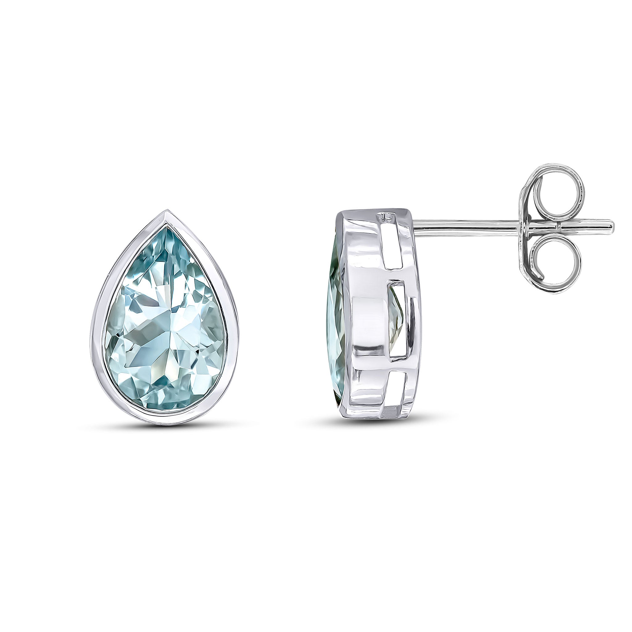 9ct White Gold 9x6 Pear Shape Aquamarine Rubover Earrings