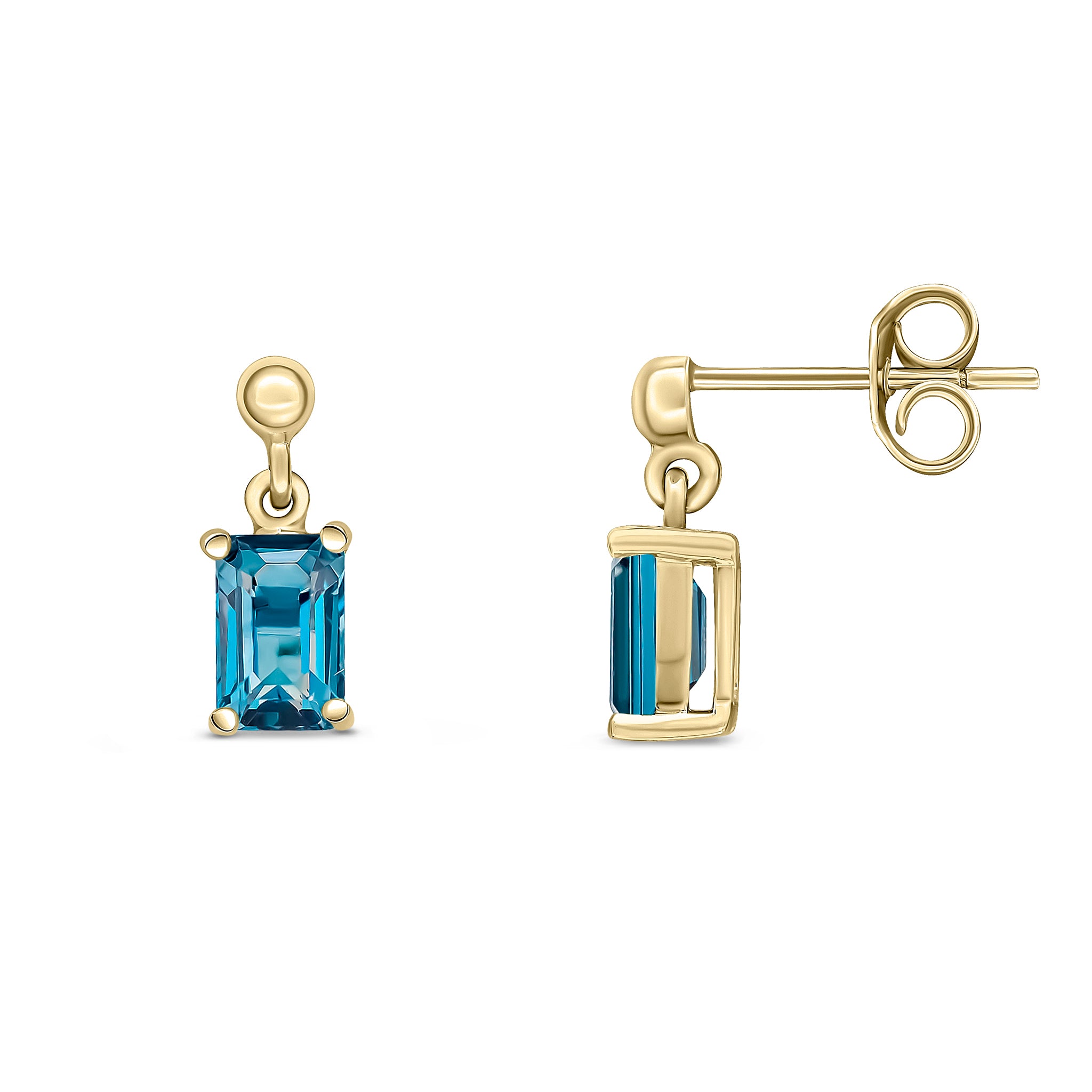 9ct Yellow Gold 6x4 Octagon London Blue Topaz Claw Set Drop Earrings with Bead Top