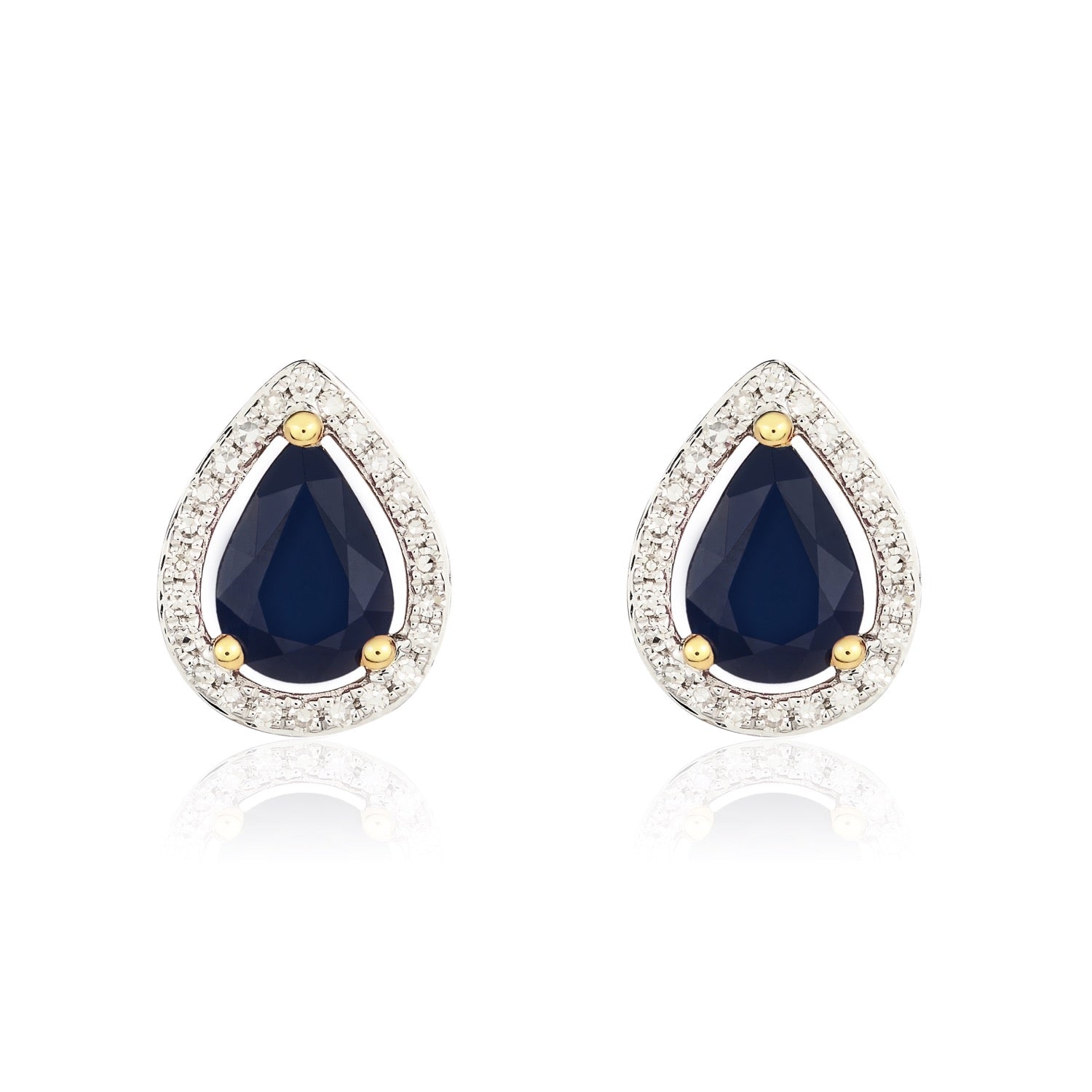 9ct Yellow Gold 7x5 Pear Shape Sapphire & Diamond Halo Cluster Earrings Rhodium to Diamonds