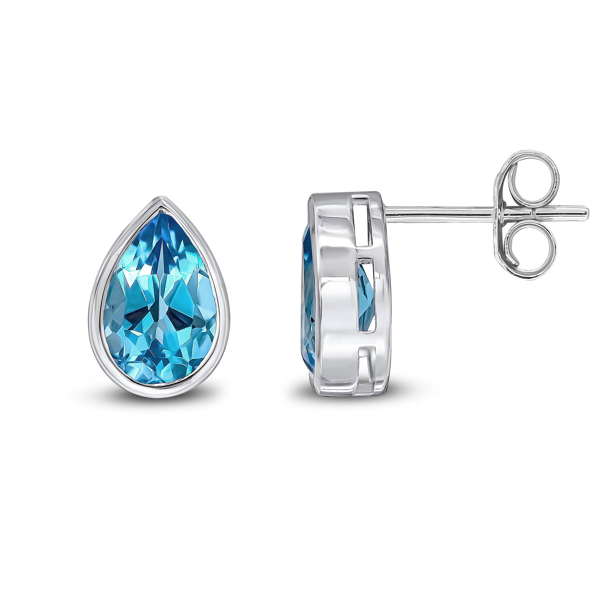 9ct White Gold Pear Shaped Swiss Blue Topaz Rubover Stud Earrings