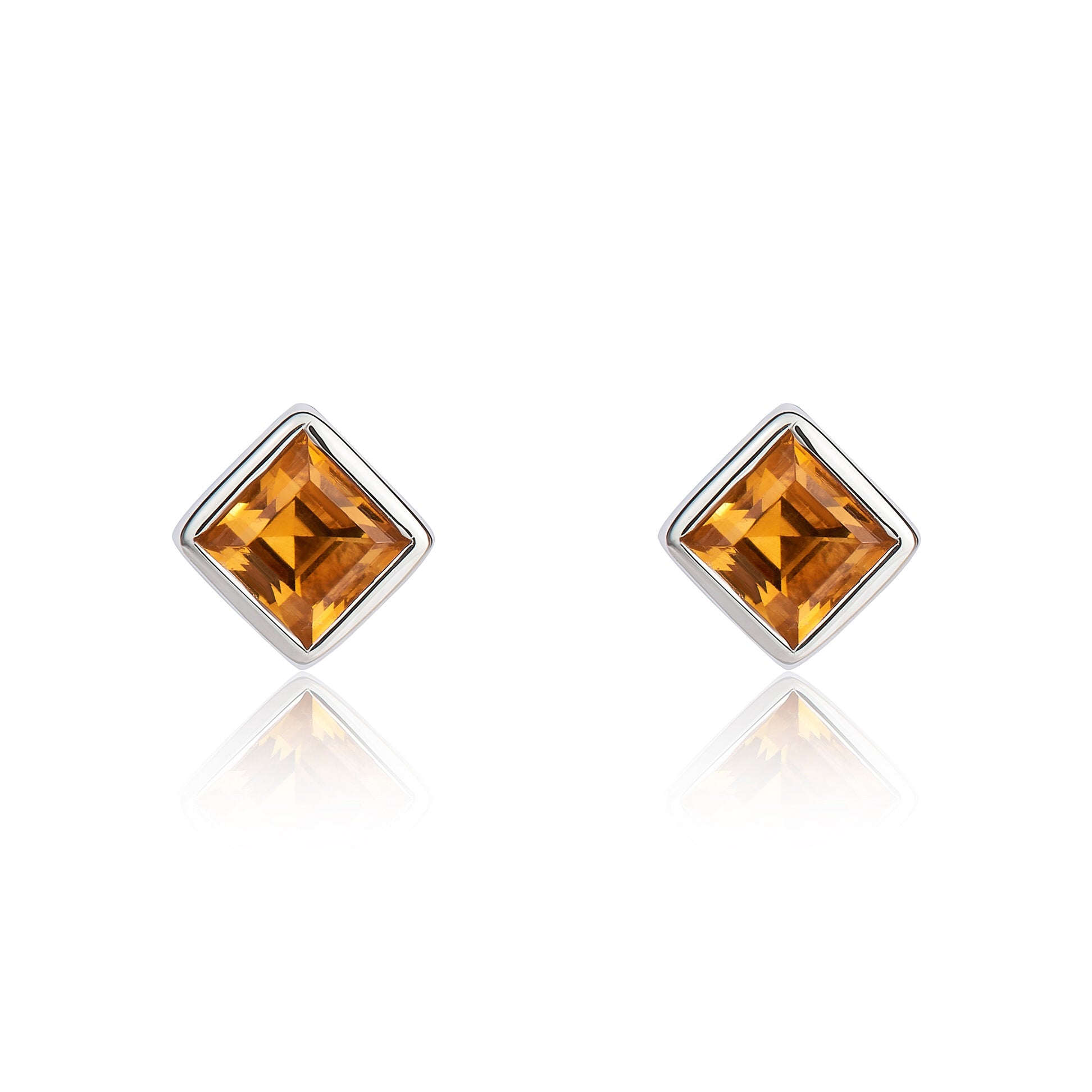9ct White Gold Square Citrine Stud Rubover Earrings
