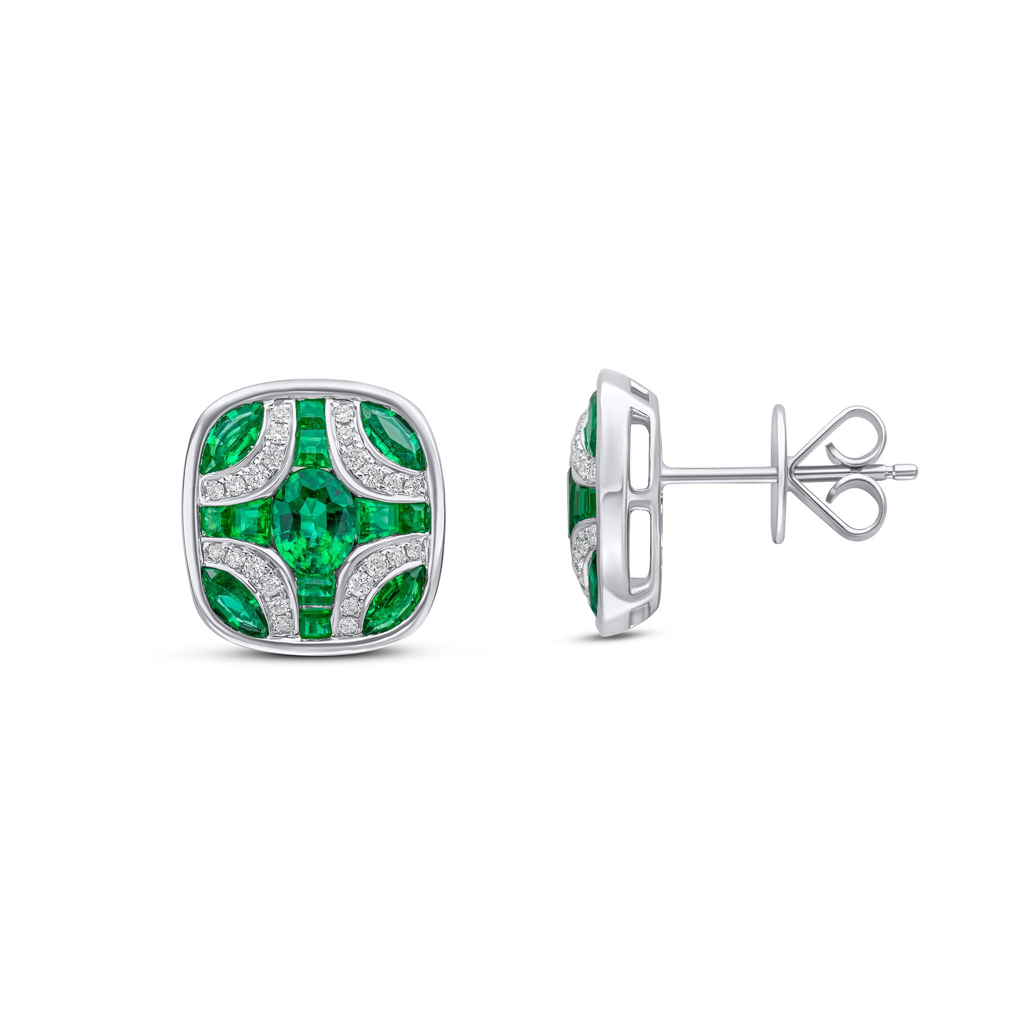 18ct White Gold Emerald and Diamond Shield Stud Earrings