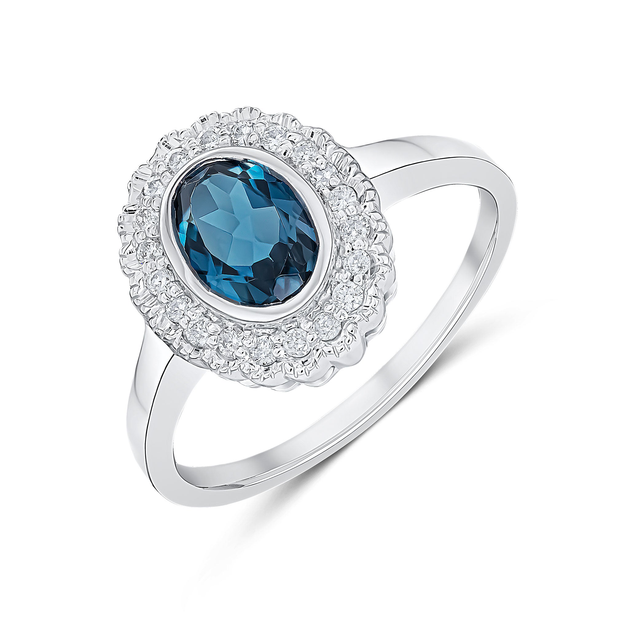 9ct White Gold Rubover Oval London Blue Topaz and Milgrain Round Diamond Cluster Ring
