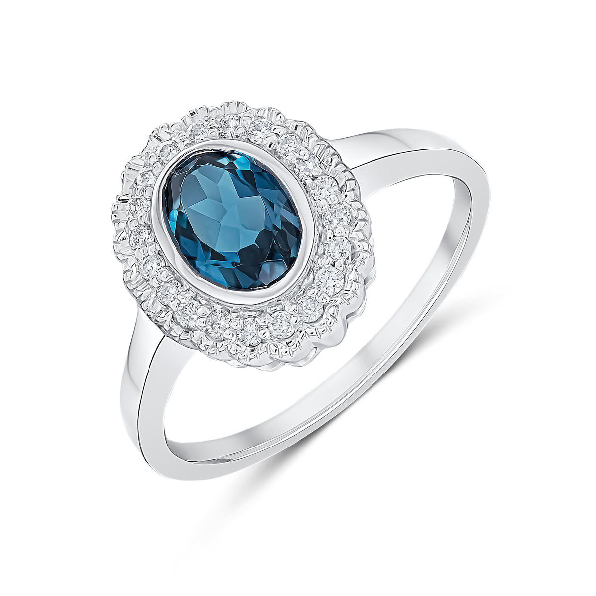 9ct White Gold Rubover Oval London Blue Topaz and Milgrain Round Diamond Cluster Ring