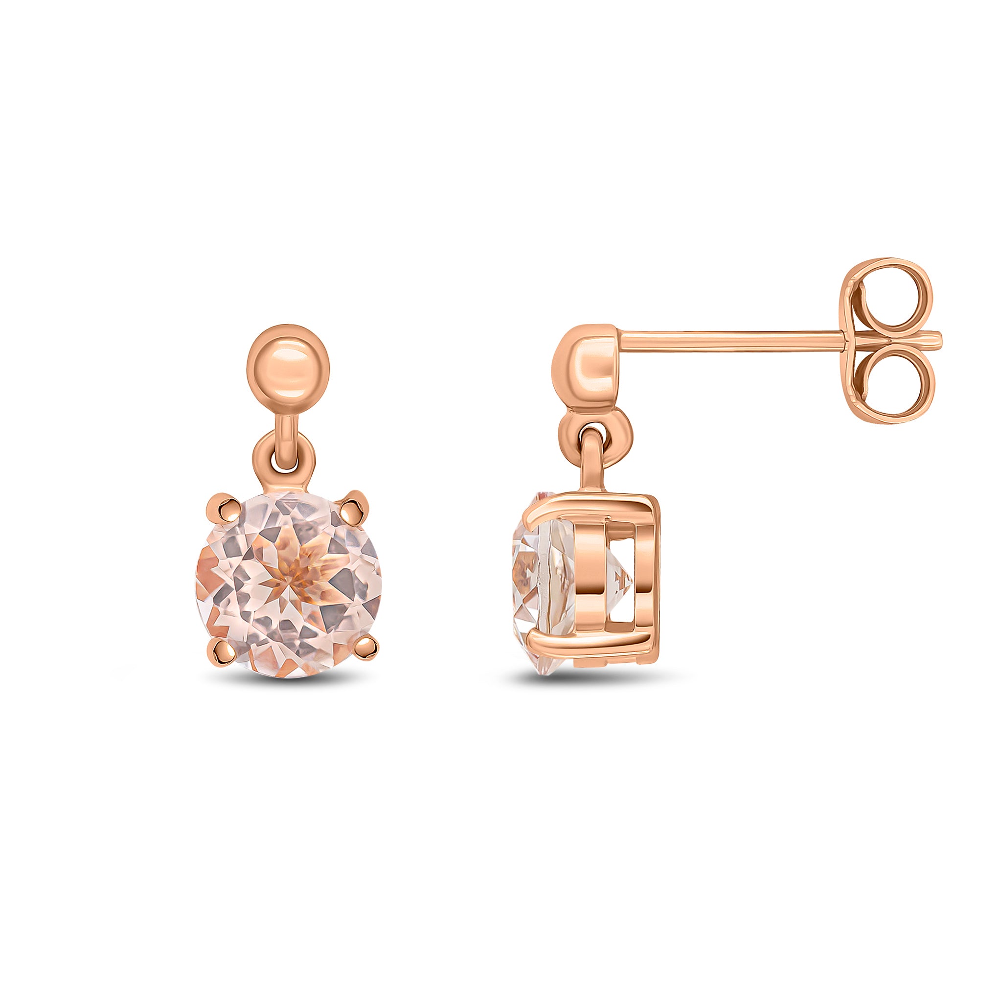 9ct Rose Gold 6mm Round Morganite Claw Set Drop Earrings with Bead Top