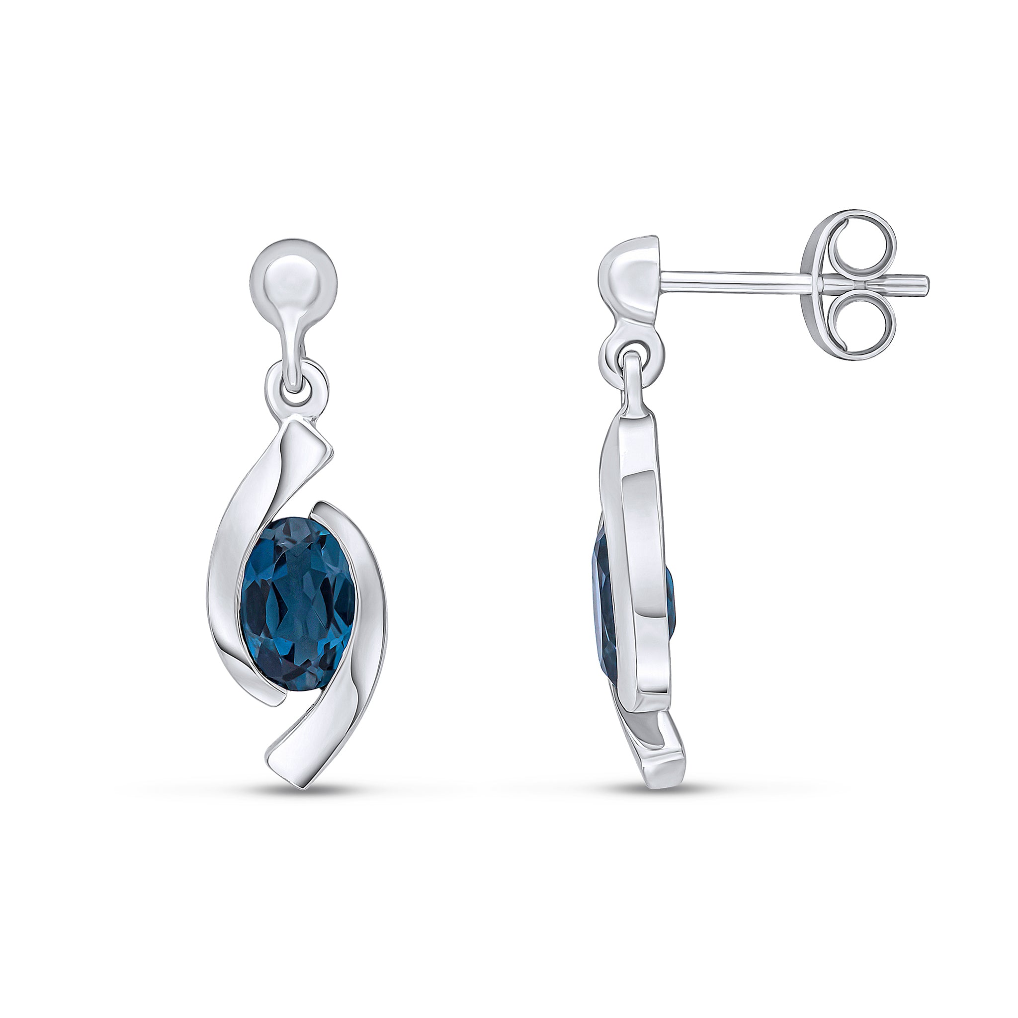 9ct White Gold Oval London Blue Topaz 'eye' Drop Earrings with 3mm Bead Top