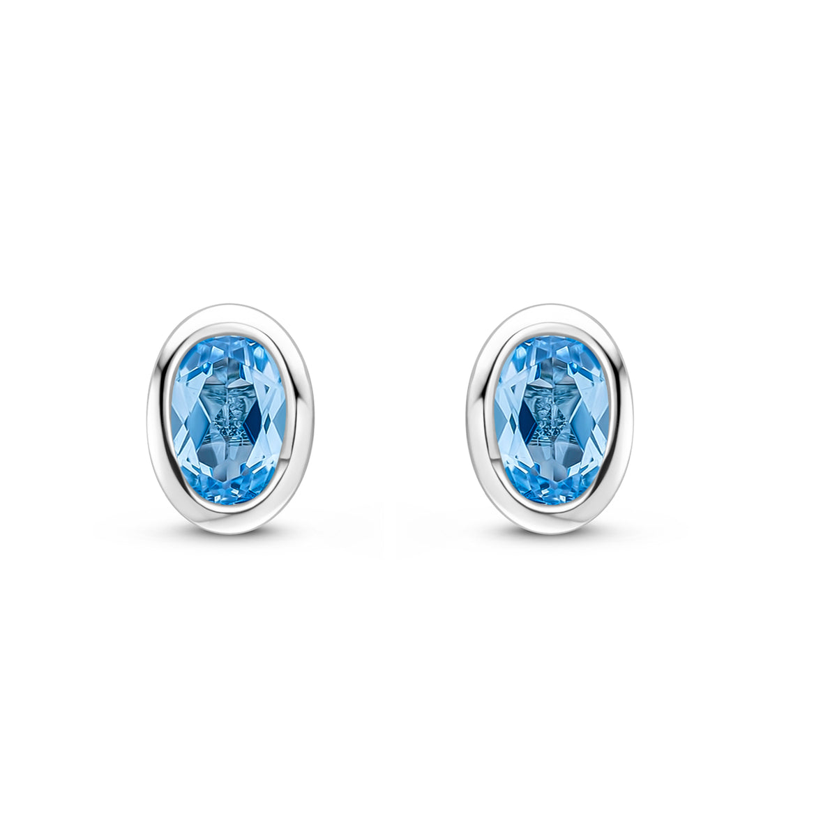 9ct White Gold 4x3 Oval Swiss Blue Topaz Rubover Set Earrings
