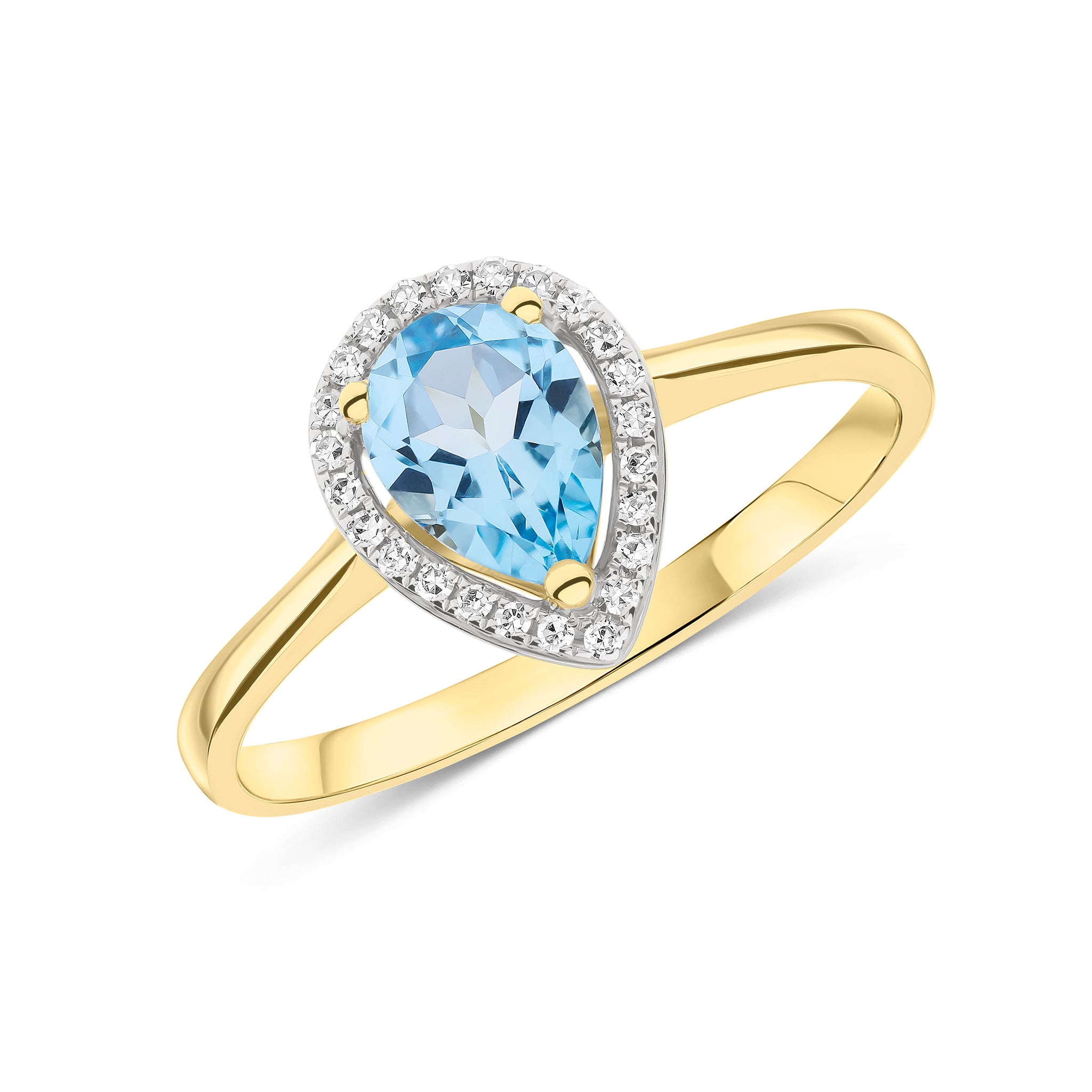 9ct Yellow Gold 7x5 Pear Shape Swiss Blue Topaz & Round Diamond Claw Set Halo Cluster Ring Rhodium to Diamonds