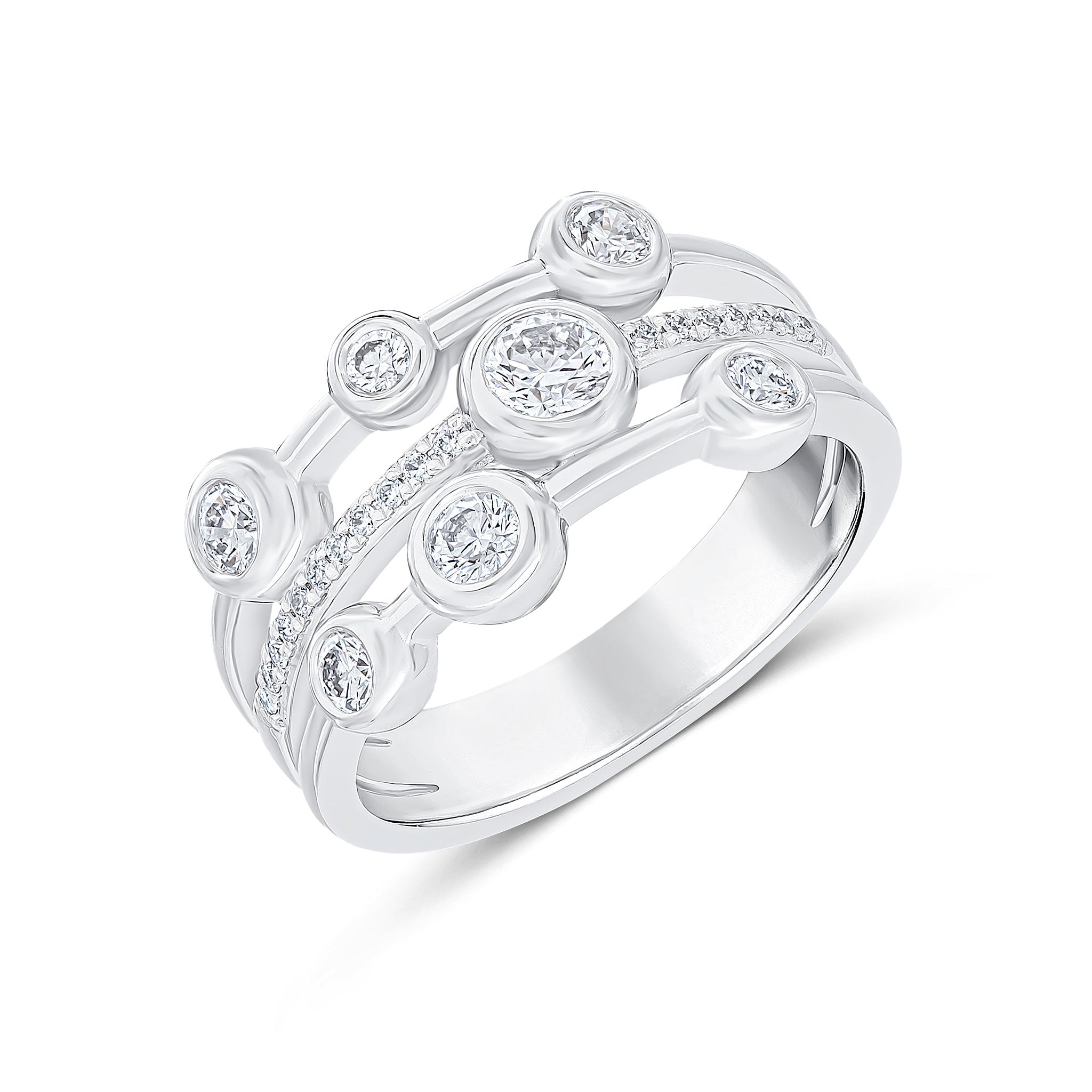 18ct White Gold Round Diamond 3 Row Bubble Band Ring with Diamond Middle Band