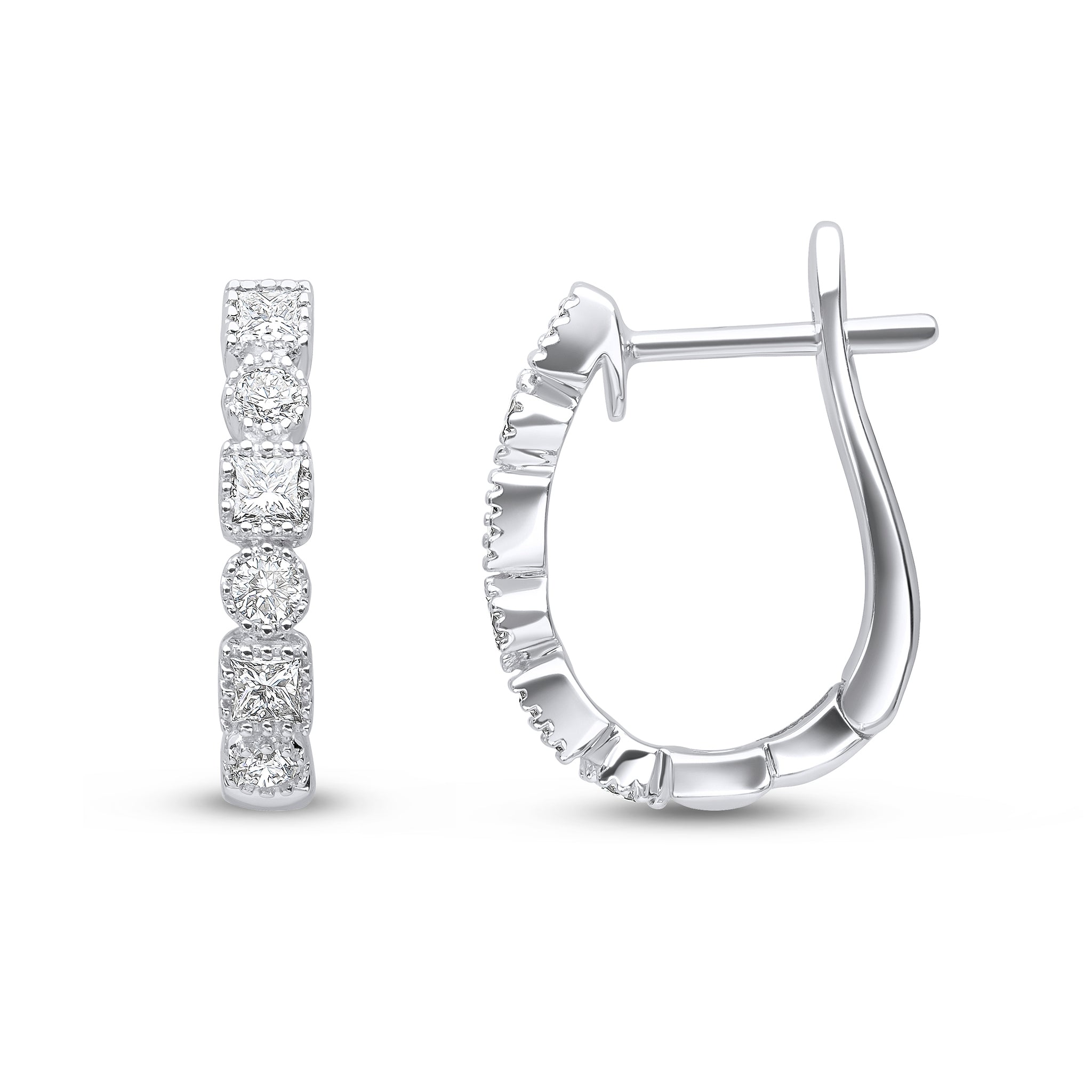 18ct White Gold Princess and Brilliant Cut Diamond Milgrain Hoop Earrings
