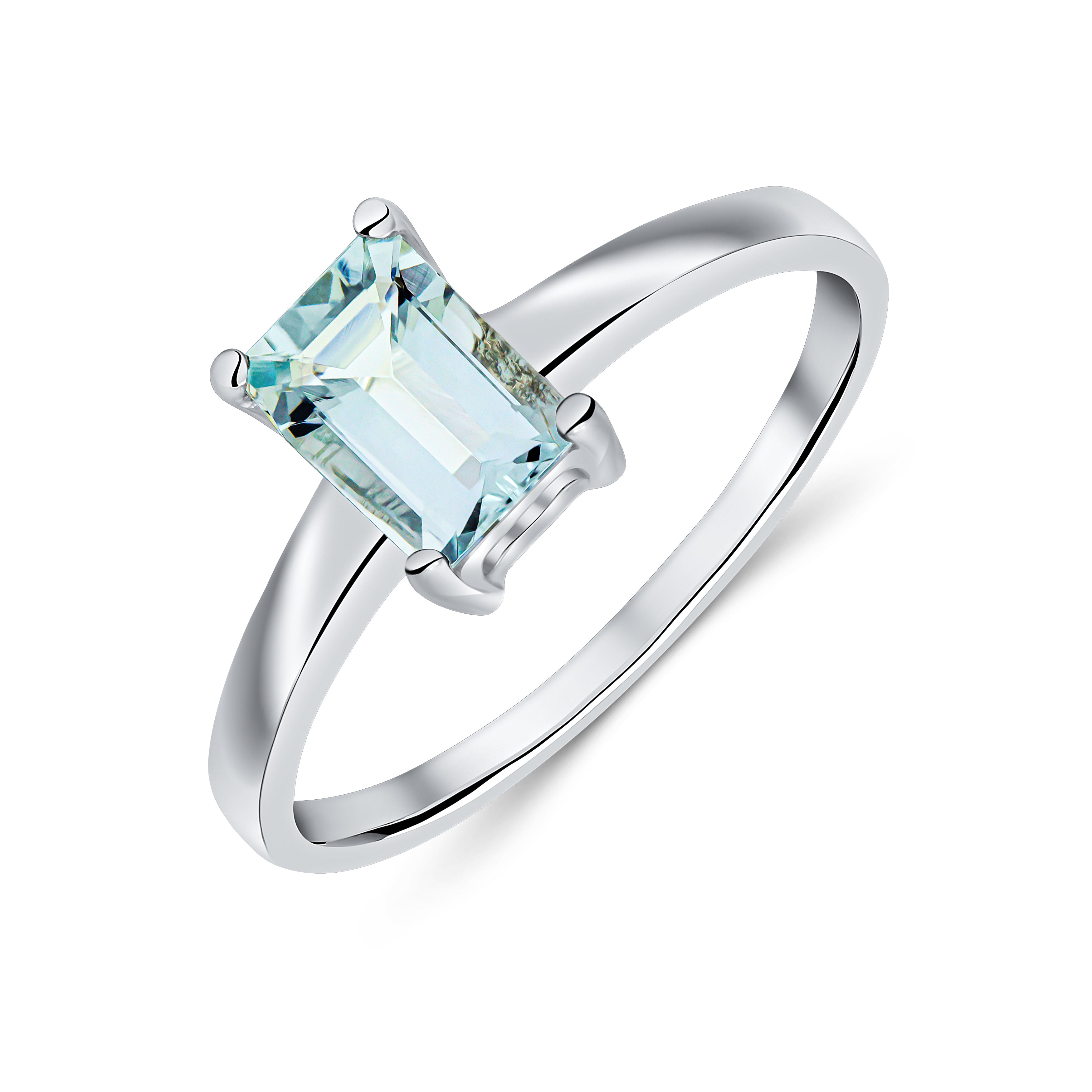 9ct White Gold 7x5mm Octagon Aquamarine Claw Set Single Stone Ring