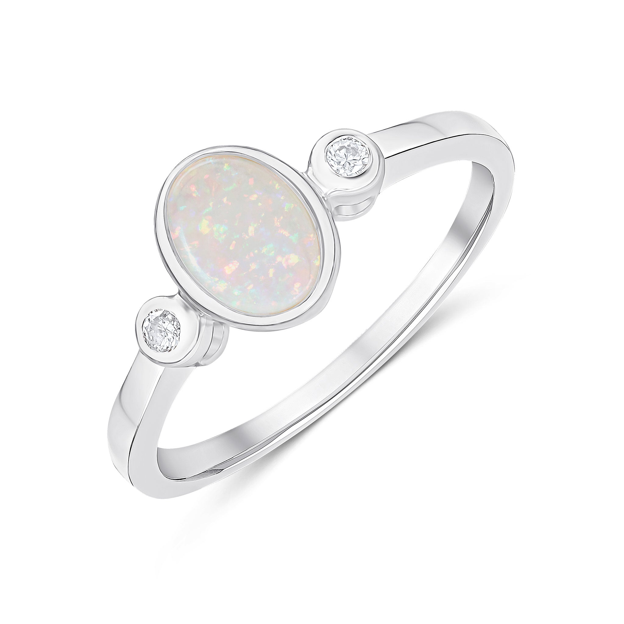 9ct White Gold 7x5 Oval Opal & Diamond Rubover 3 Stone Ring