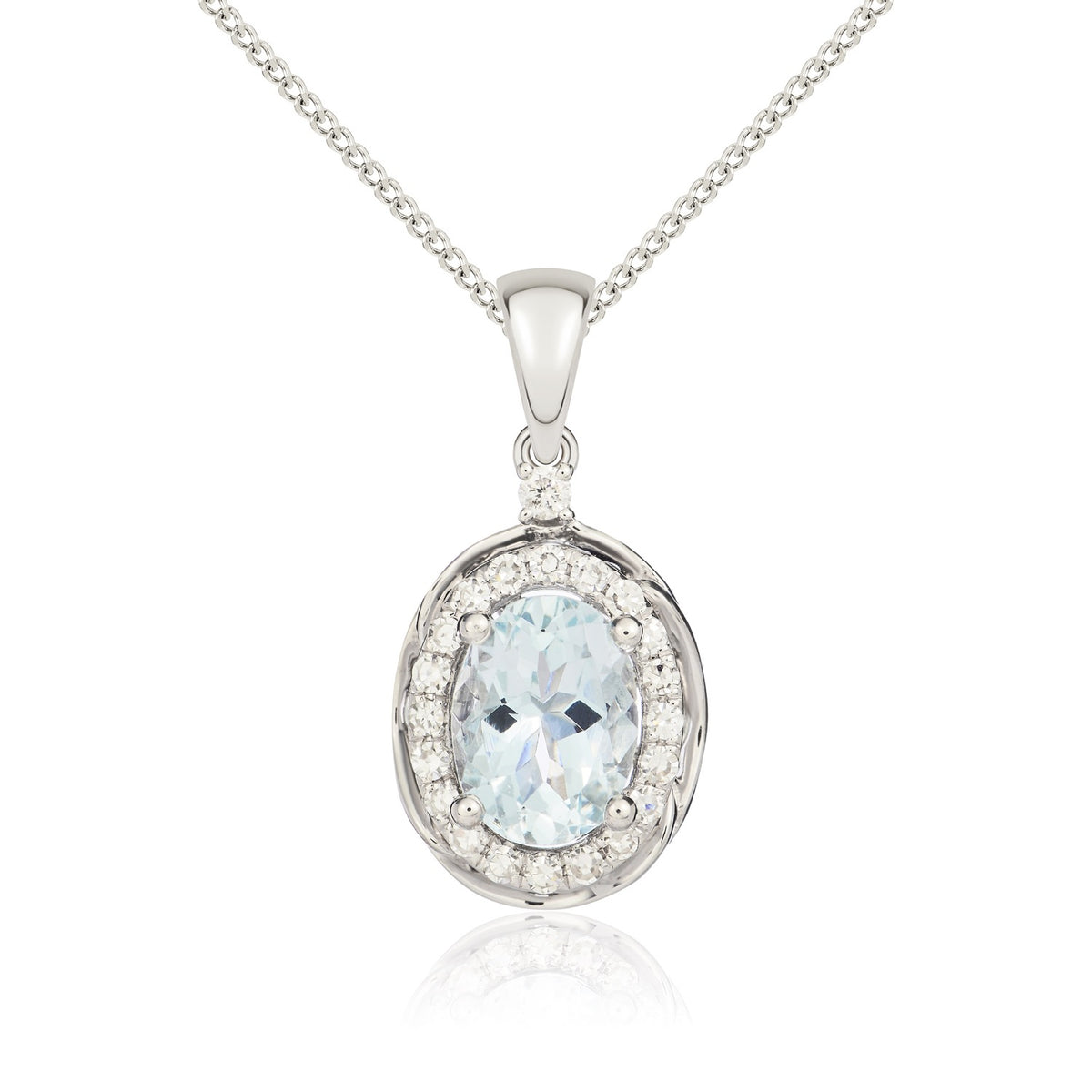 9ct White Gold 7x5 Oval Aquamarine & Diamond Cluster Pendant with Rope Edge