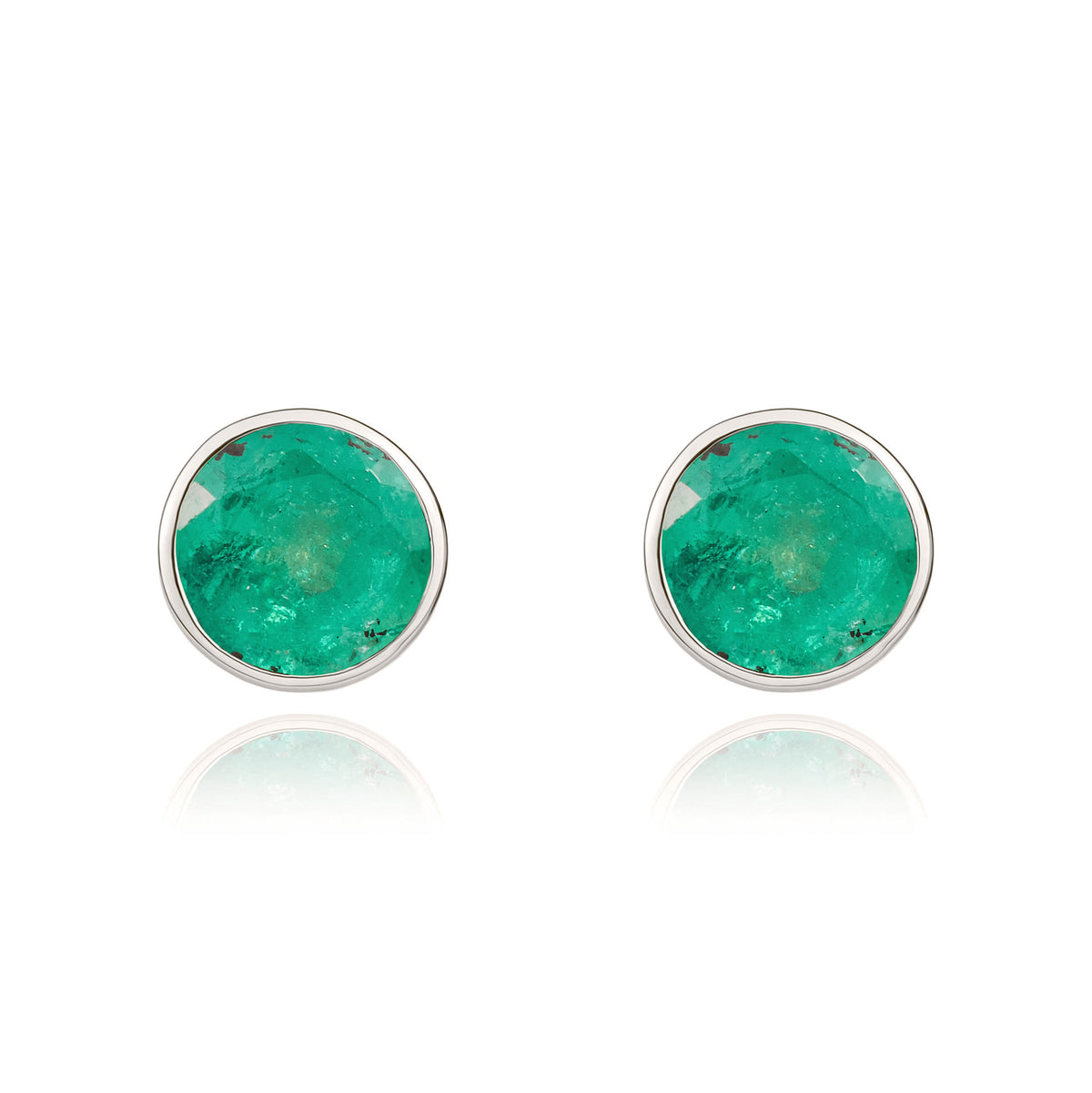 9ct White Gold Round Emerald Rubover Stud Earrings