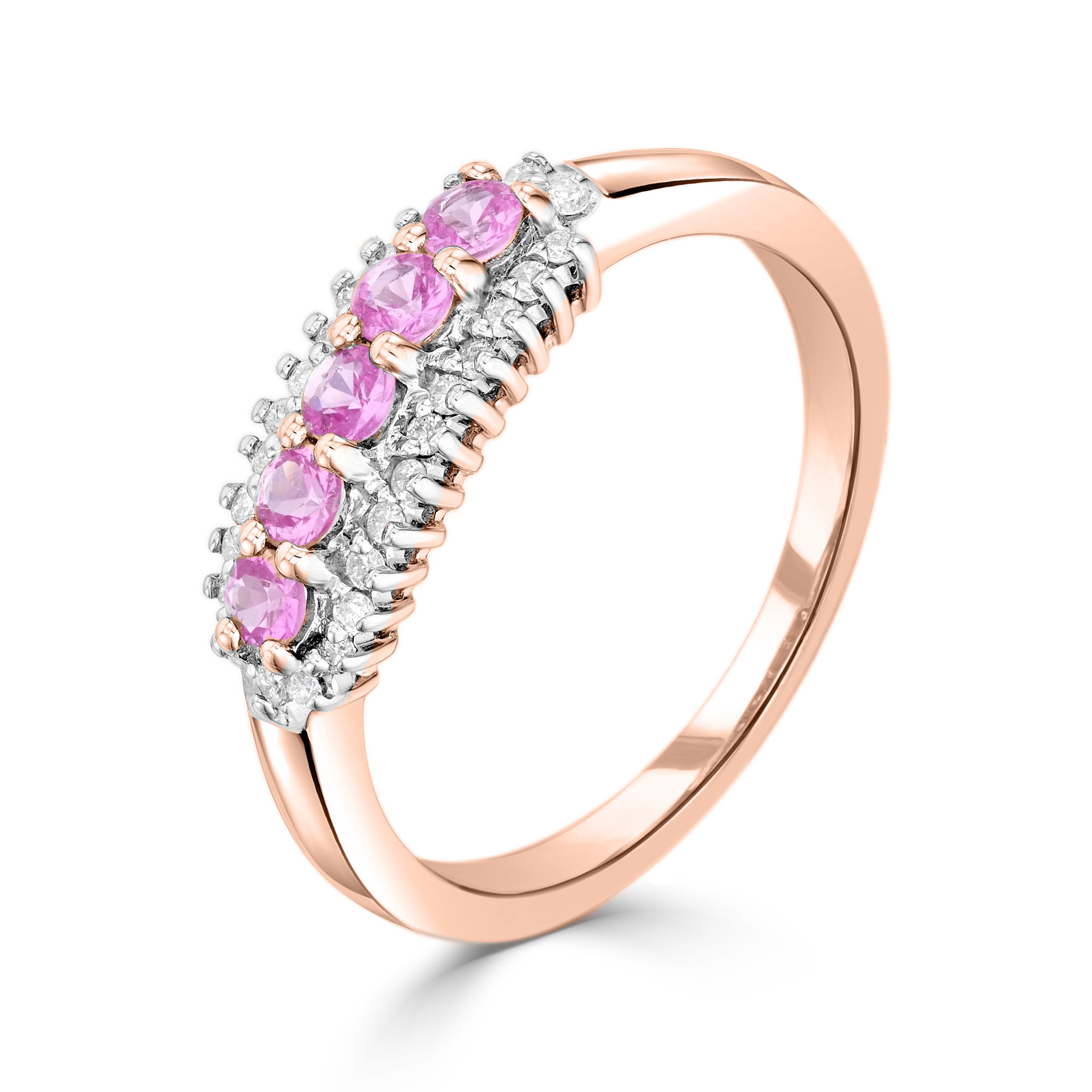 9ct Rose Gold Round Pink Sapphire and Round Diamond 3 Row Claw Set Band Ring Rhodium to Diamonds