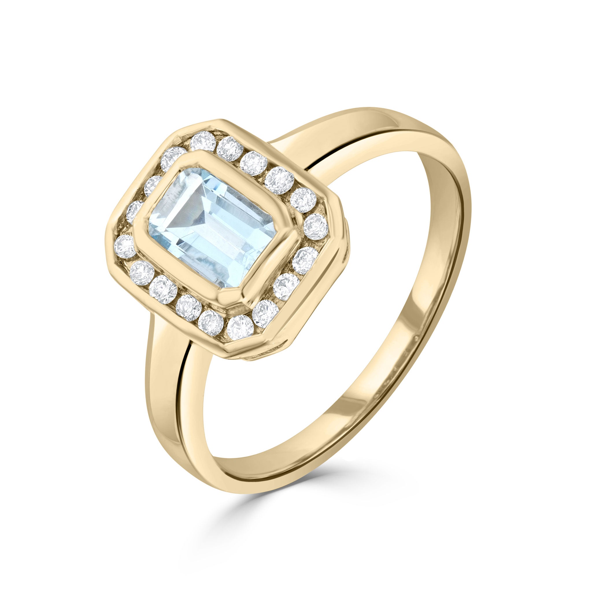 9ct Yellow Gold Rubover 6x4 Octagon Aquamarine & Channel Set Diamond Cluster Ring